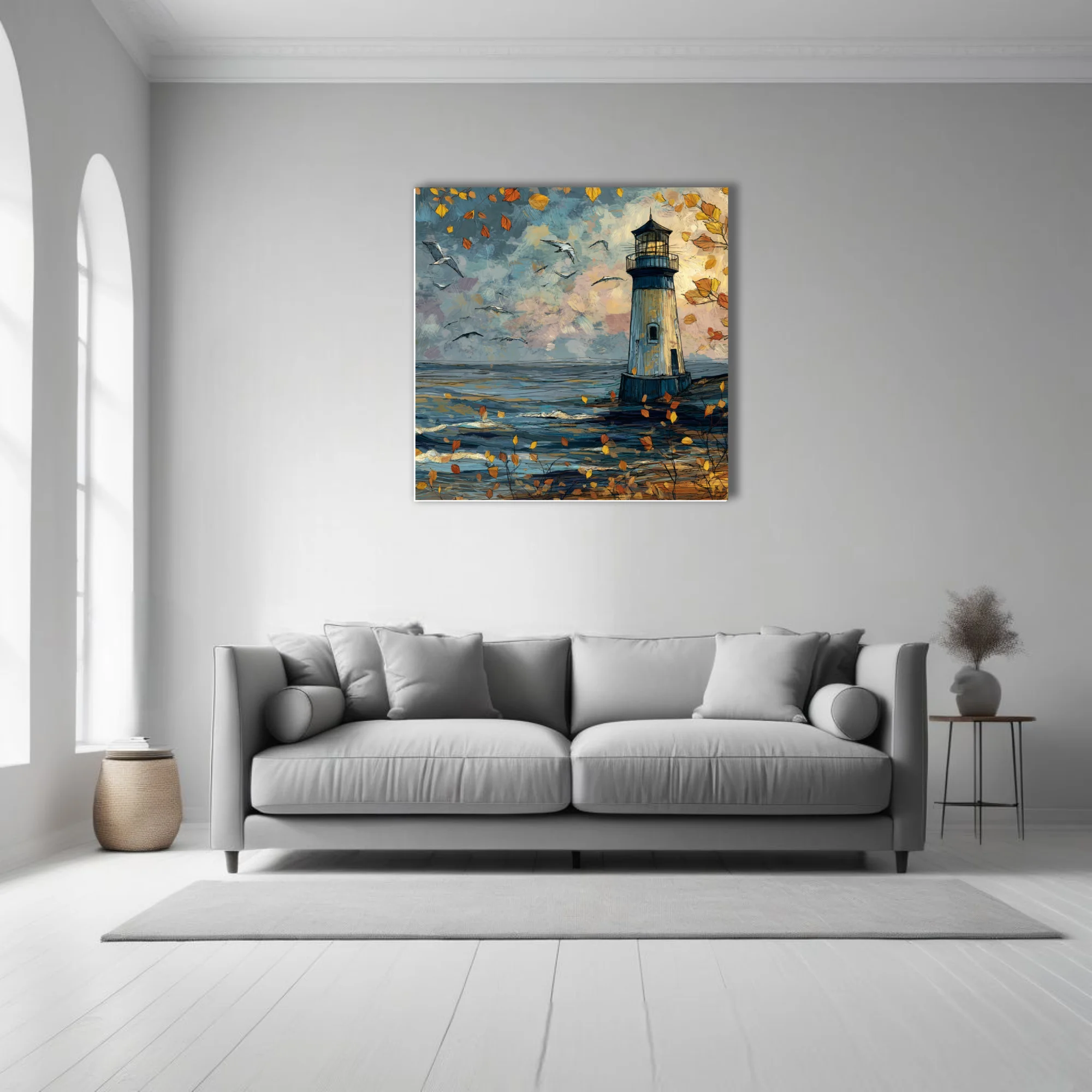 Stylized autumn lighthouse by the sea with drifting leaves, seabirds and moody blue-amber painterly sky