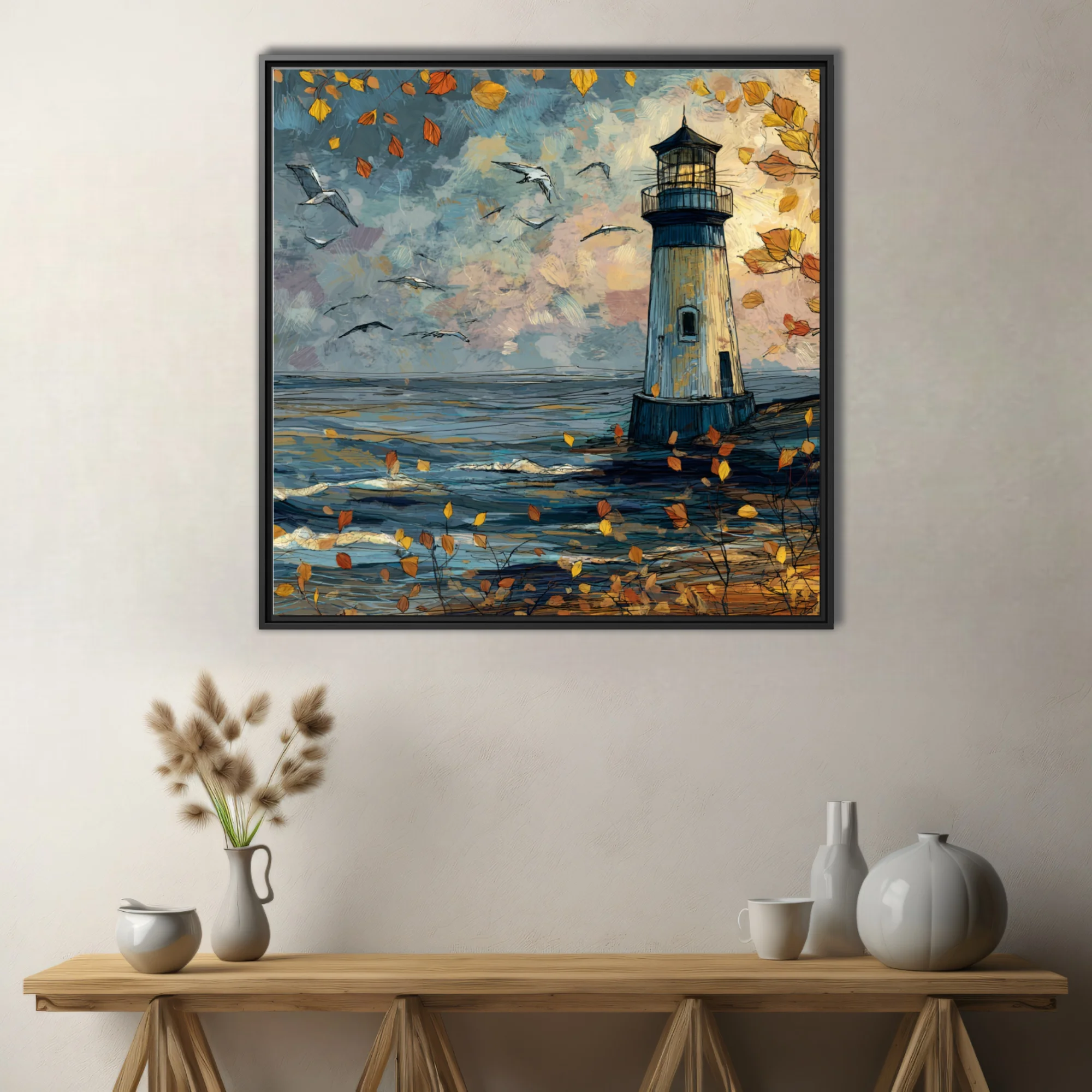 Stylized autumn lighthouse by the sea with drifting leaves, seabirds and moody blue-amber painterly sky