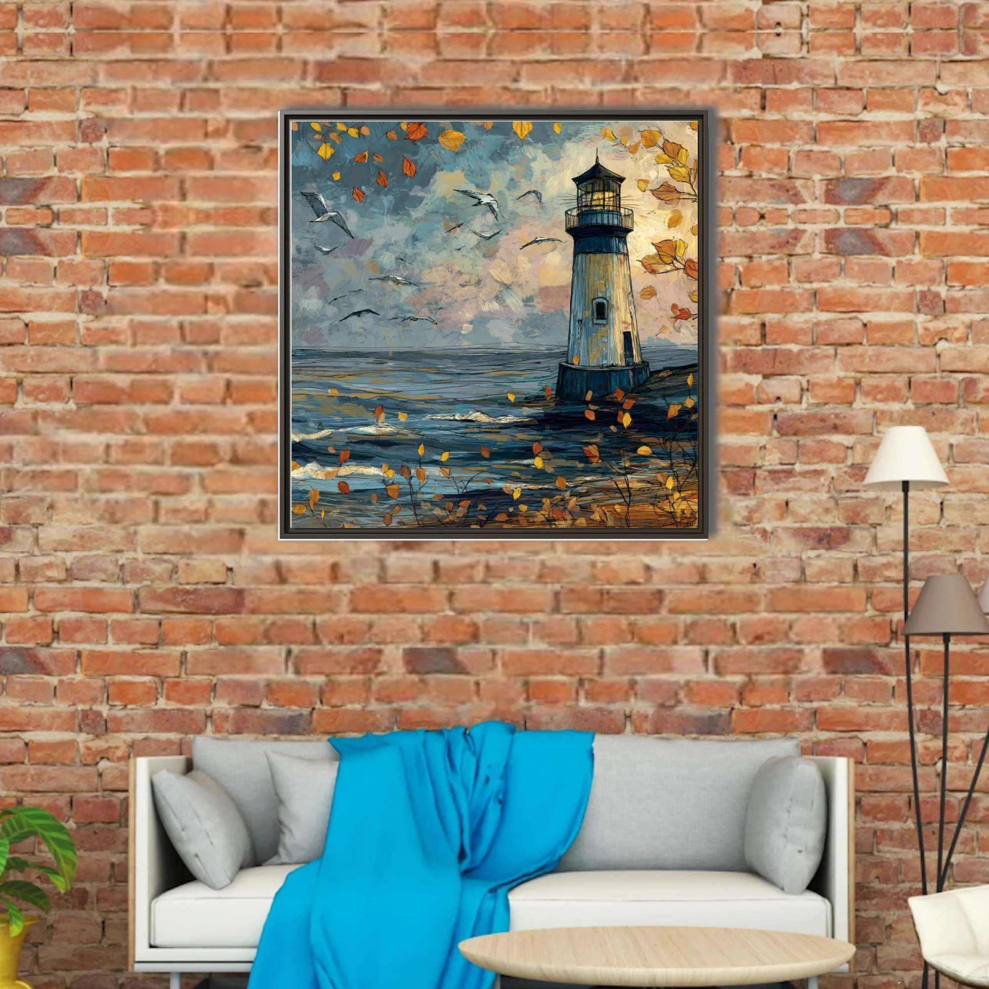 Stylized autumn lighthouse by the sea with drifting leaves, seabirds and moody blue-amber painterly sky