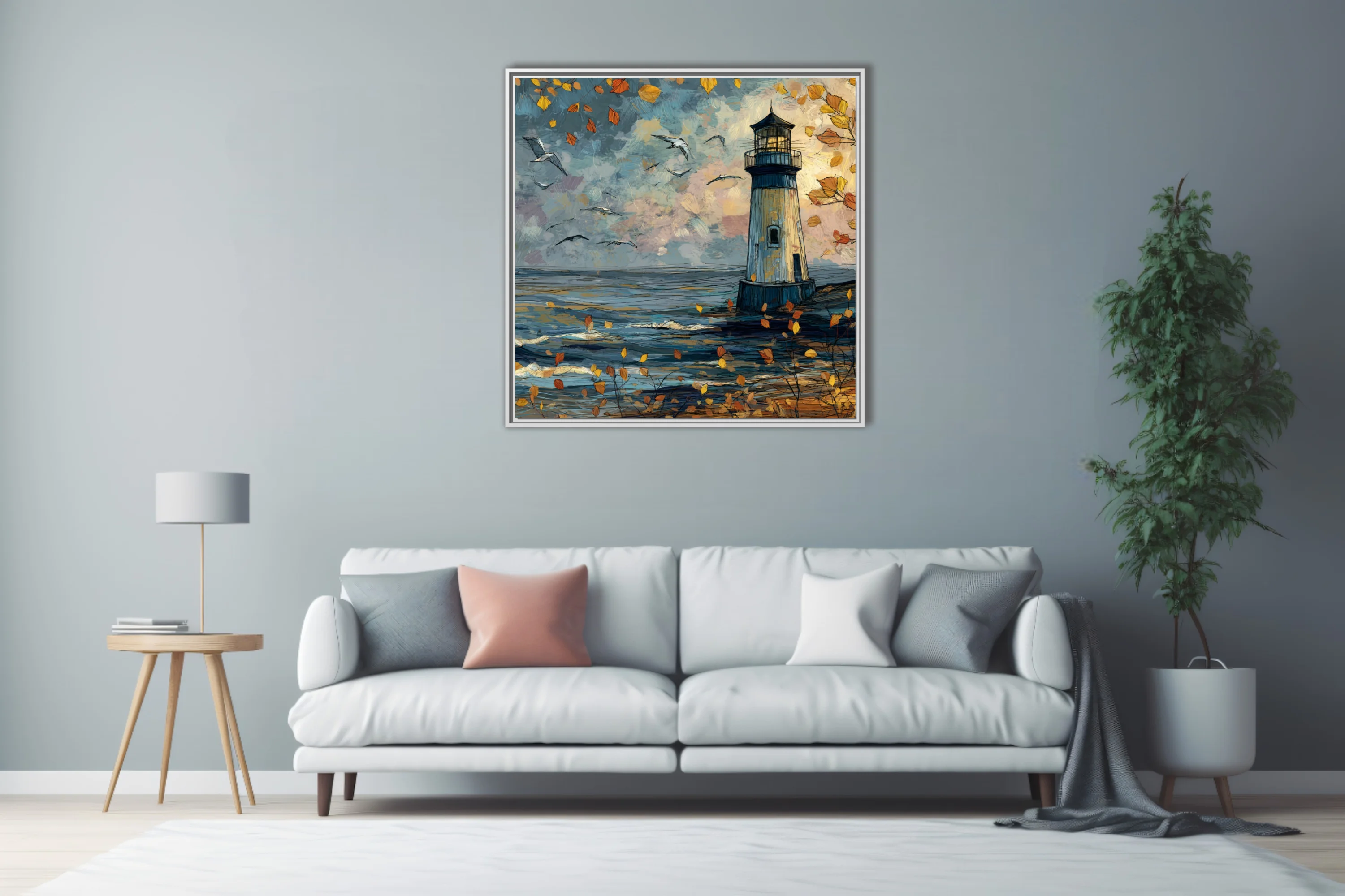 Stylized autumn lighthouse by the sea with drifting leaves, seabirds and moody blue-amber painterly sky