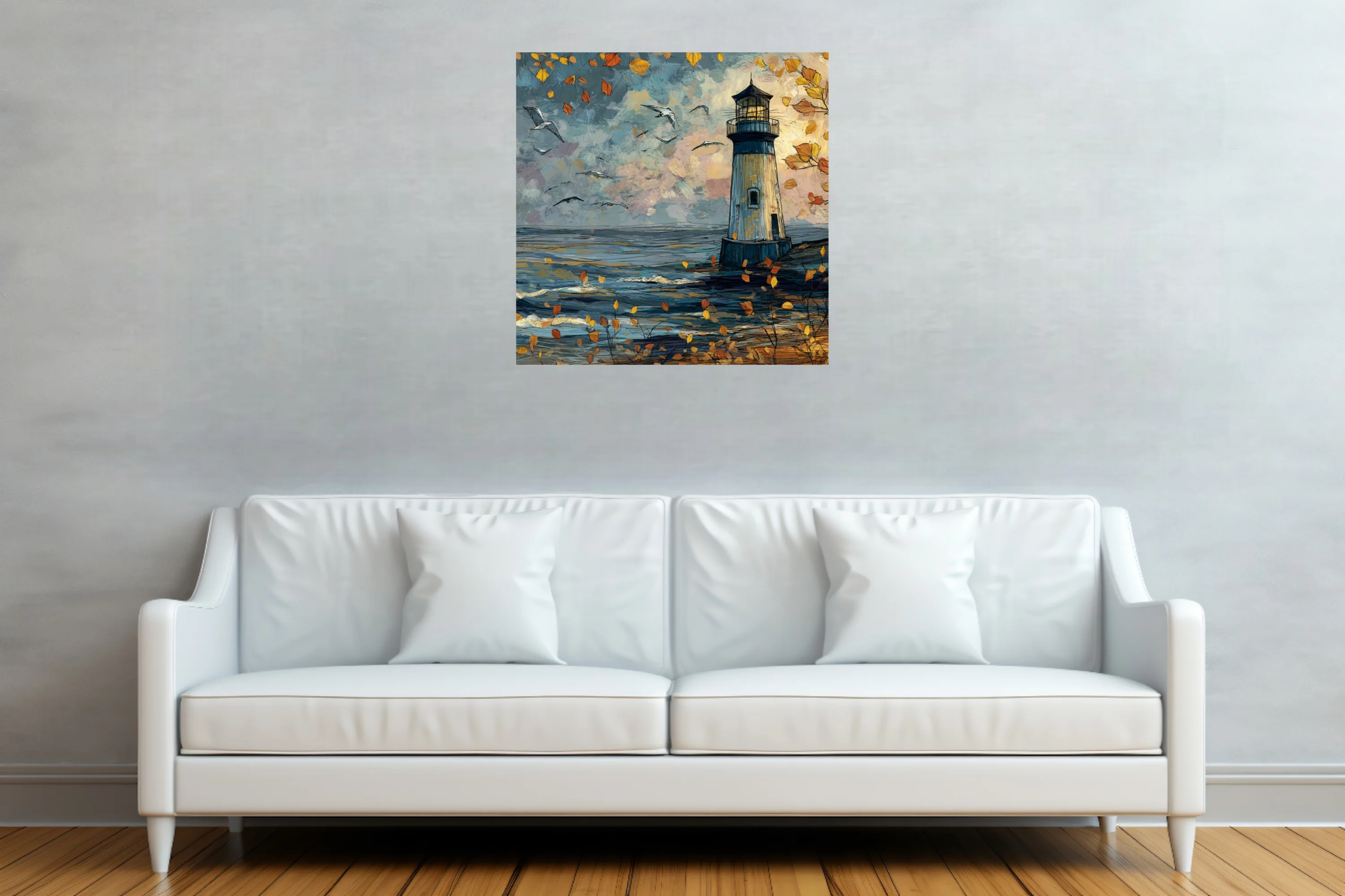 Stylized autumn lighthouse by the sea with drifting leaves, seabirds and moody blue-amber painterly sky