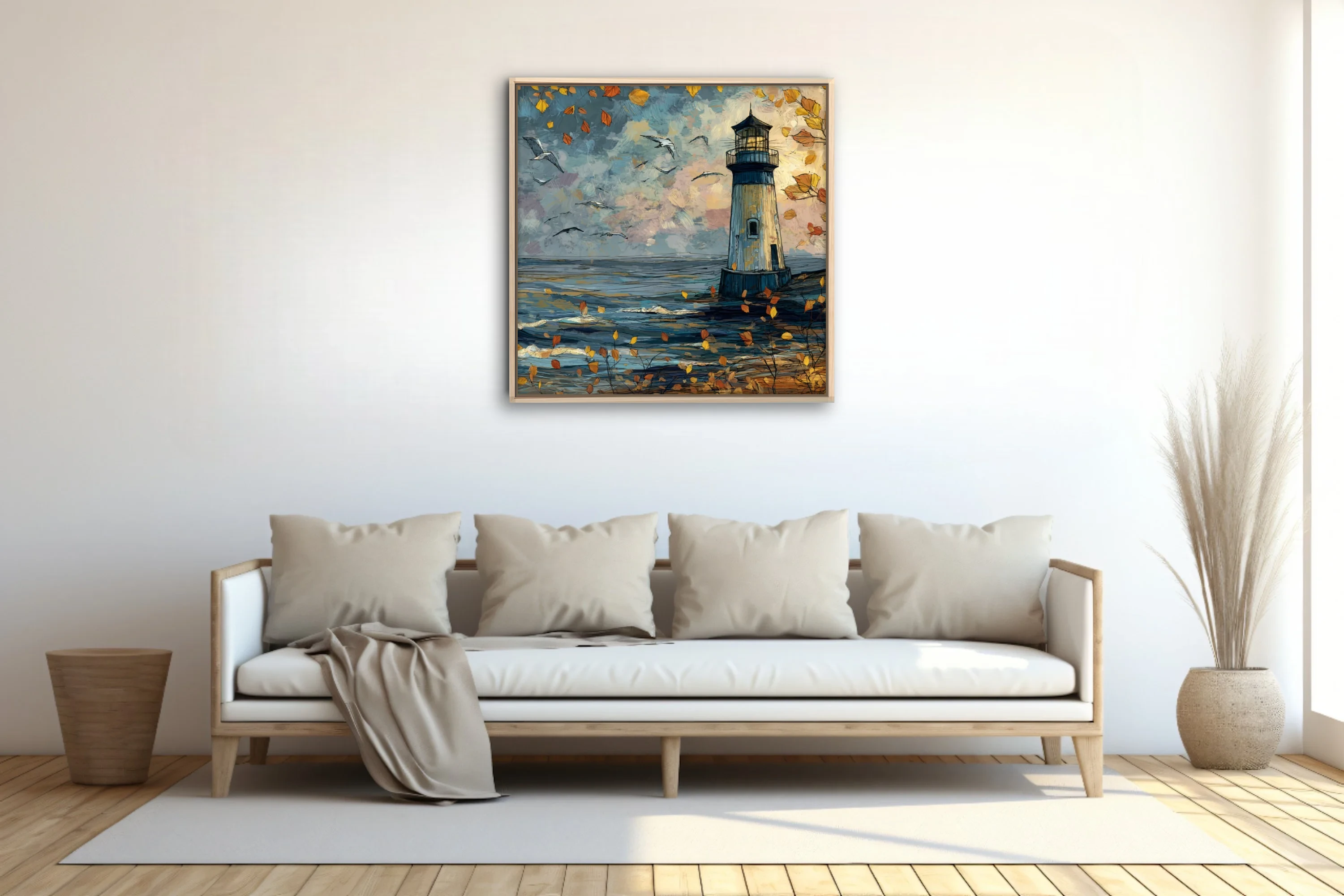 Stylized autumn lighthouse by the sea with drifting leaves, seabirds and moody blue-amber painterly sky