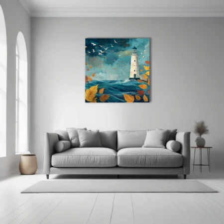 Abstract autumn lighthouse illustration, teal stormy sea, swirling fall leaves, seabirds