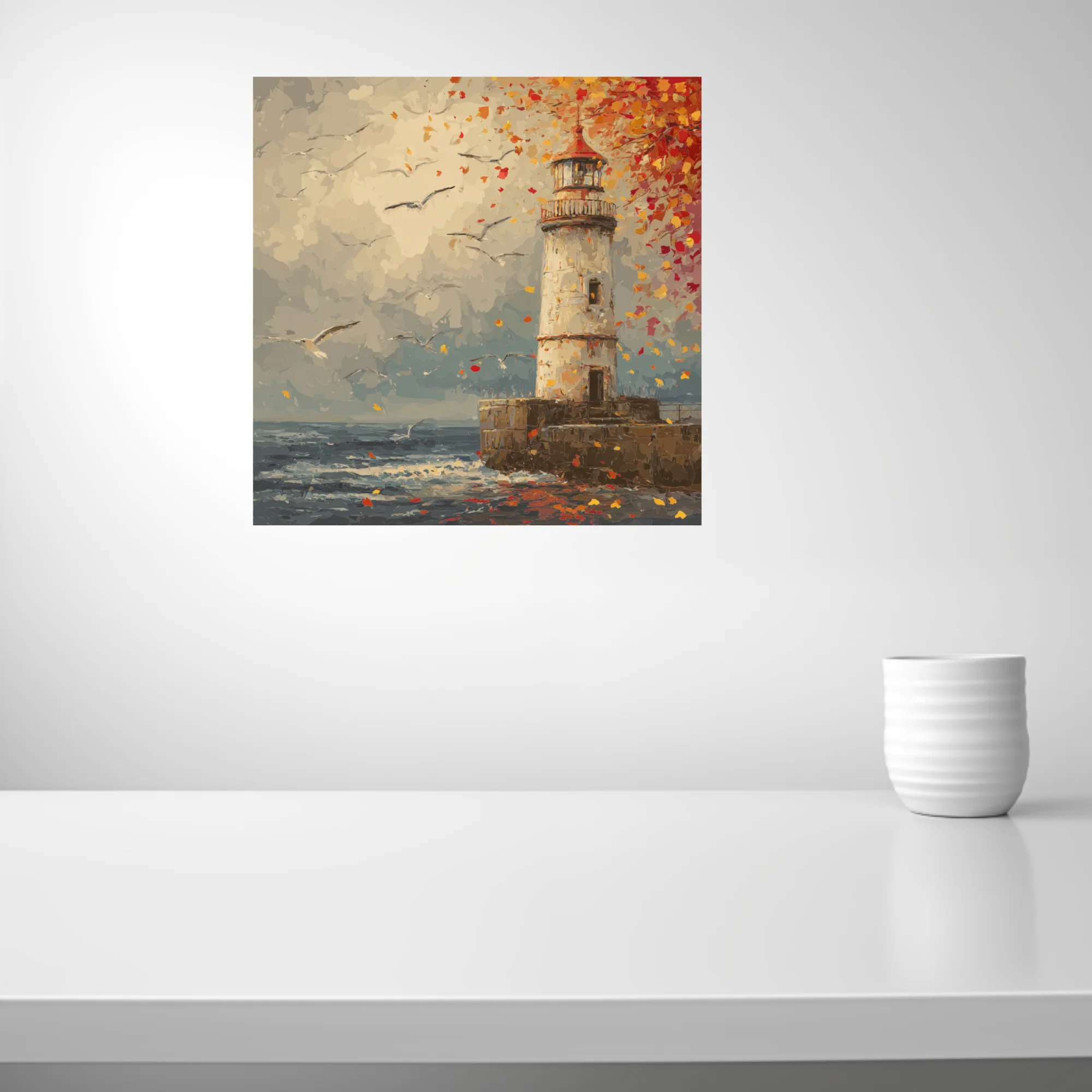 Style autumn lighthouse with swirling red and gold leaves, gulls, and stormy sea in warm-cool tones