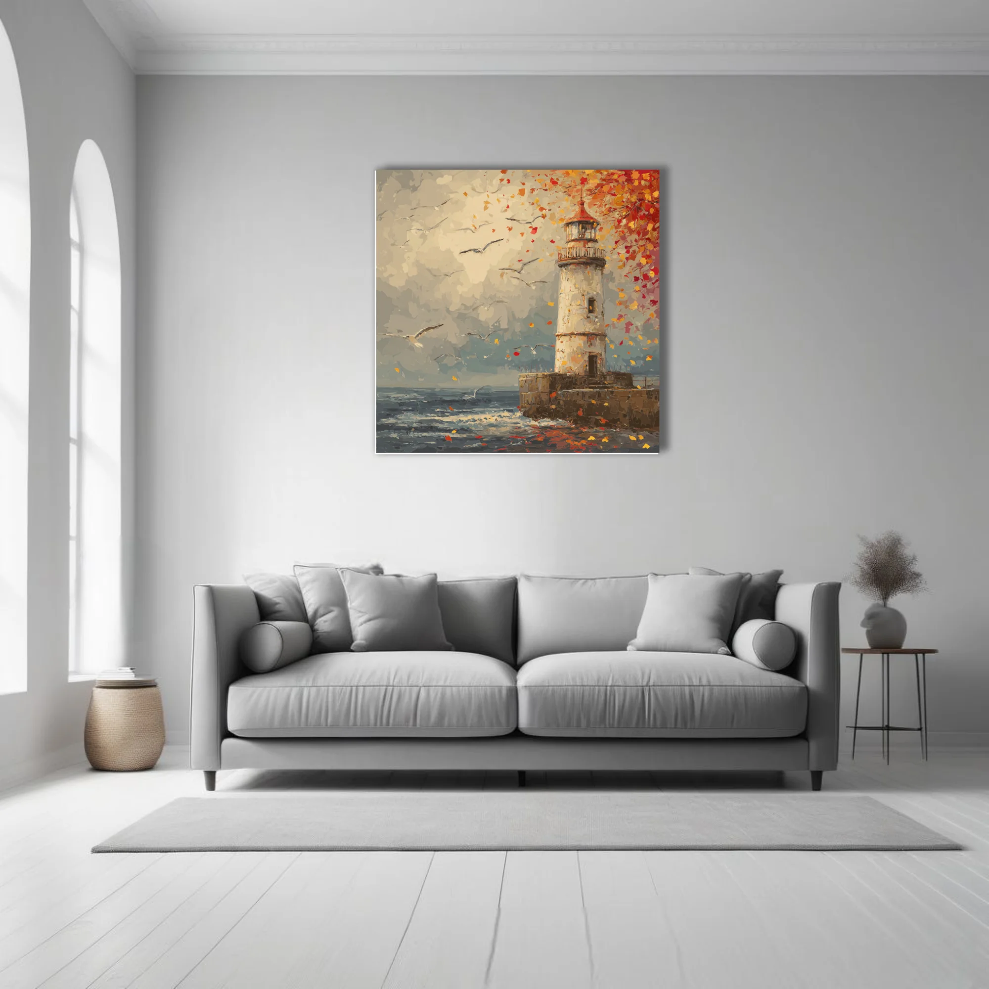 Style autumn lighthouse with swirling red and gold leaves, gulls, and stormy sea in warm-cool tones
