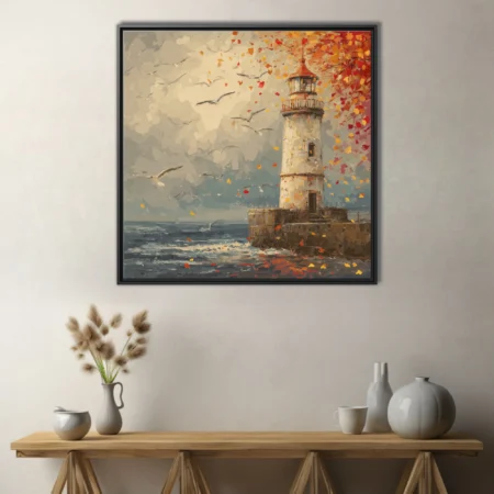 Style autumn lighthouse with swirling red and gold leaves, gulls, and stormy sea in warm-cool tones