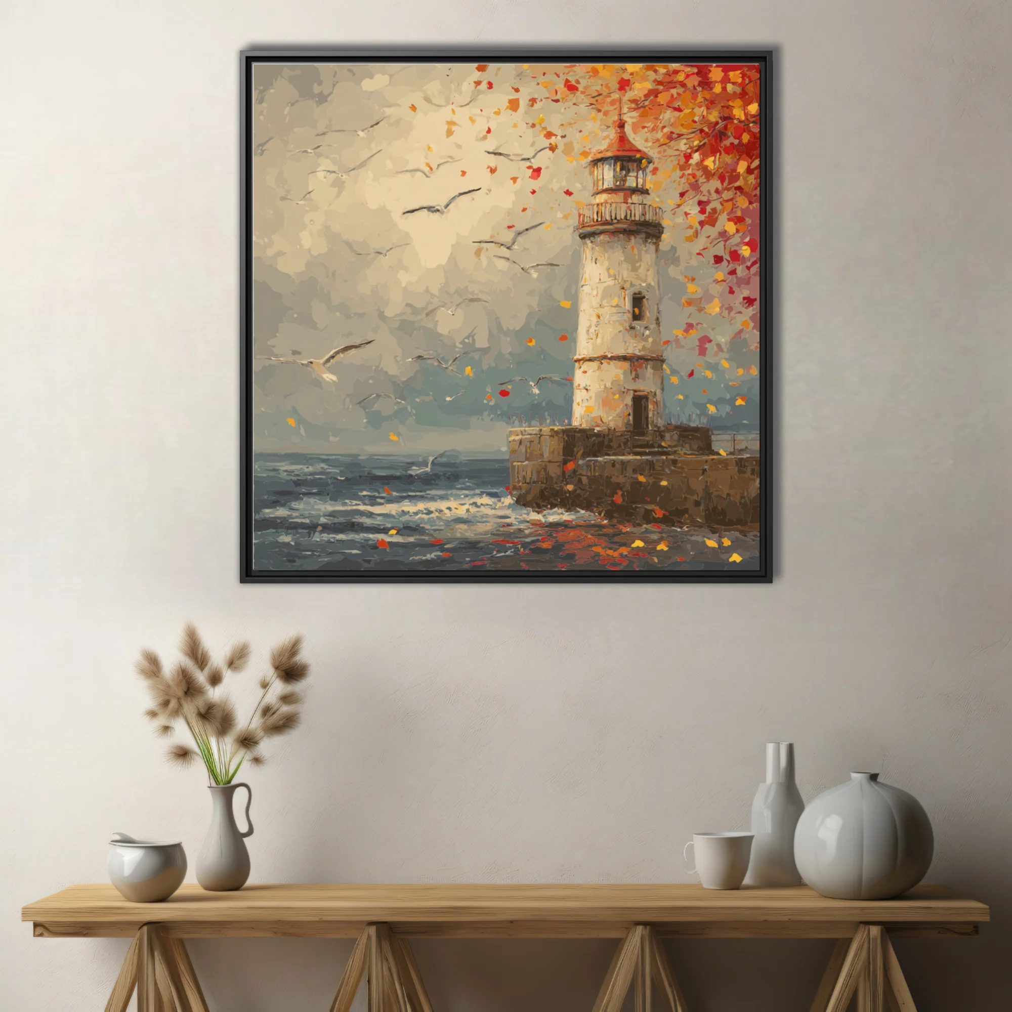 Style autumn lighthouse with swirling red and gold leaves, gulls, and stormy sea in warm-cool tones
