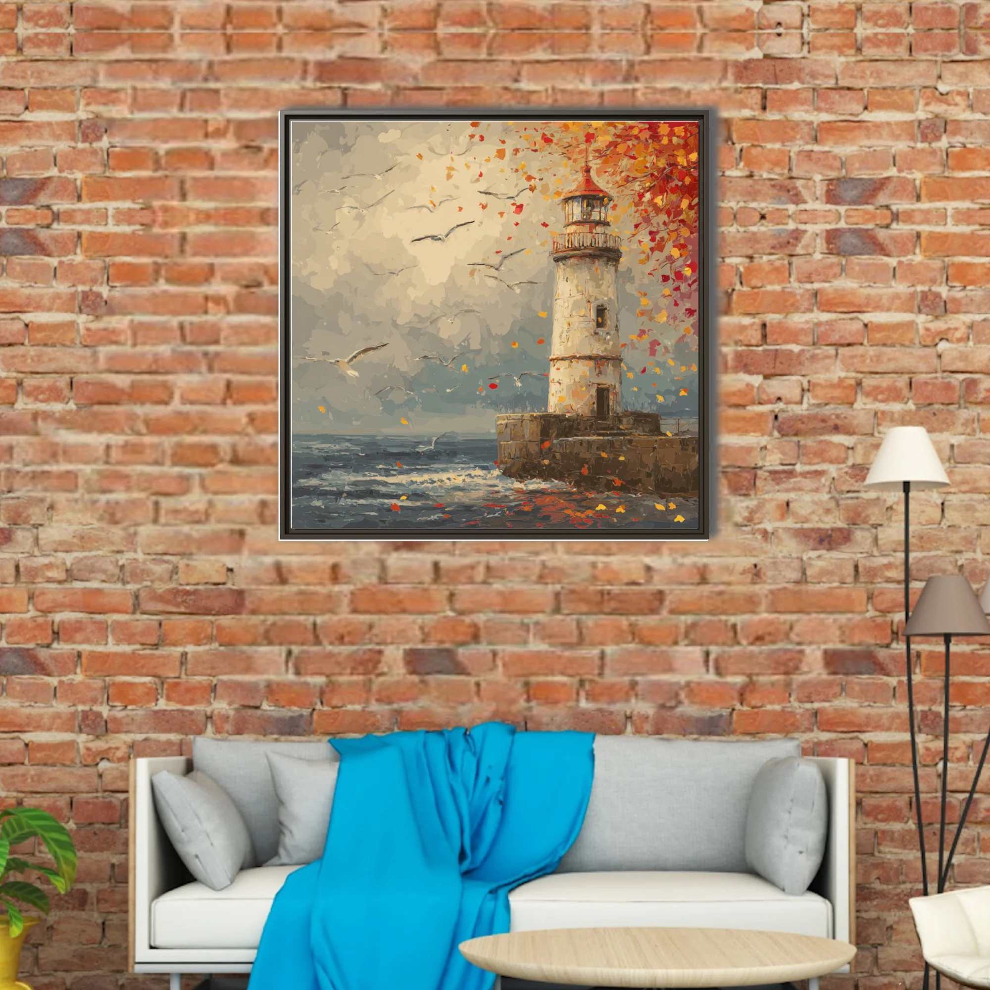 Style autumn lighthouse with swirling red and gold leaves, gulls, and stormy sea in warm-cool tones