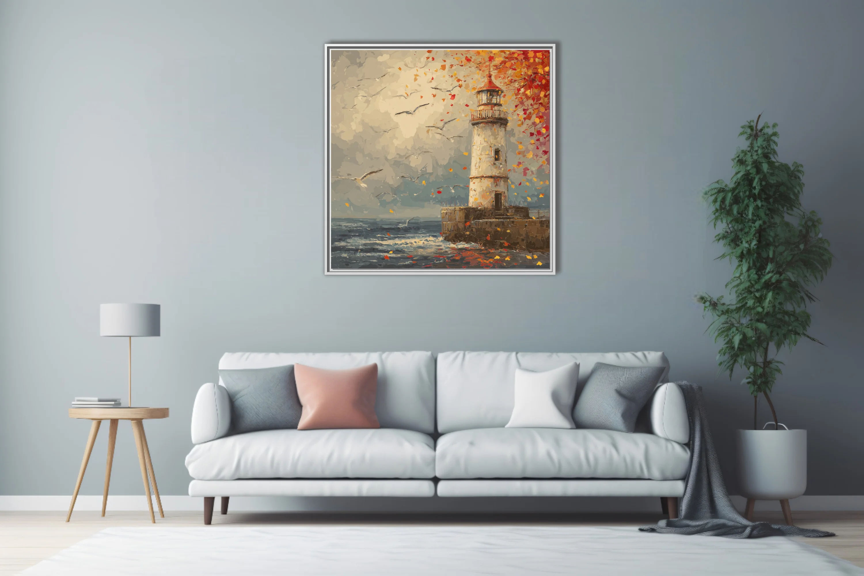 Style autumn lighthouse with swirling red and gold leaves, gulls, and stormy sea in warm-cool tones