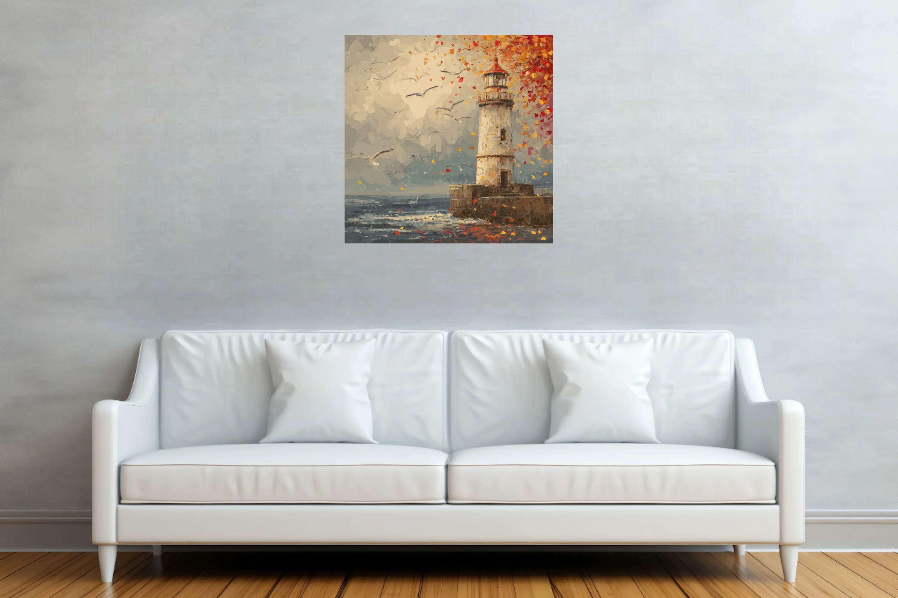 Style autumn lighthouse with swirling red and gold leaves, gulls, and stormy sea in warm-cool tones