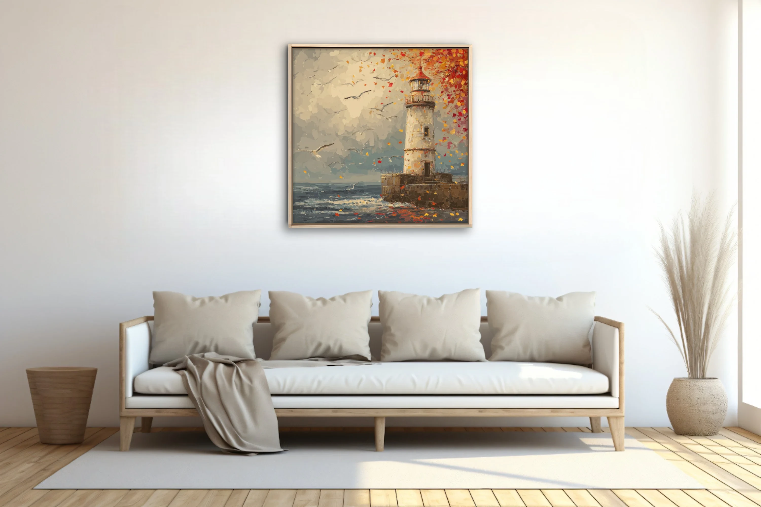 Style autumn lighthouse with swirling red and gold leaves, gulls, and stormy sea in warm-cool tones