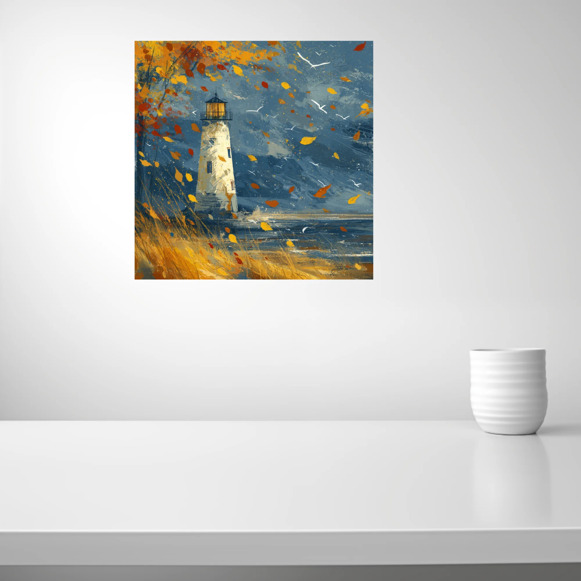 Autumn lighthouse coastal scene in indigo and amber with windblown leaves and seabirds