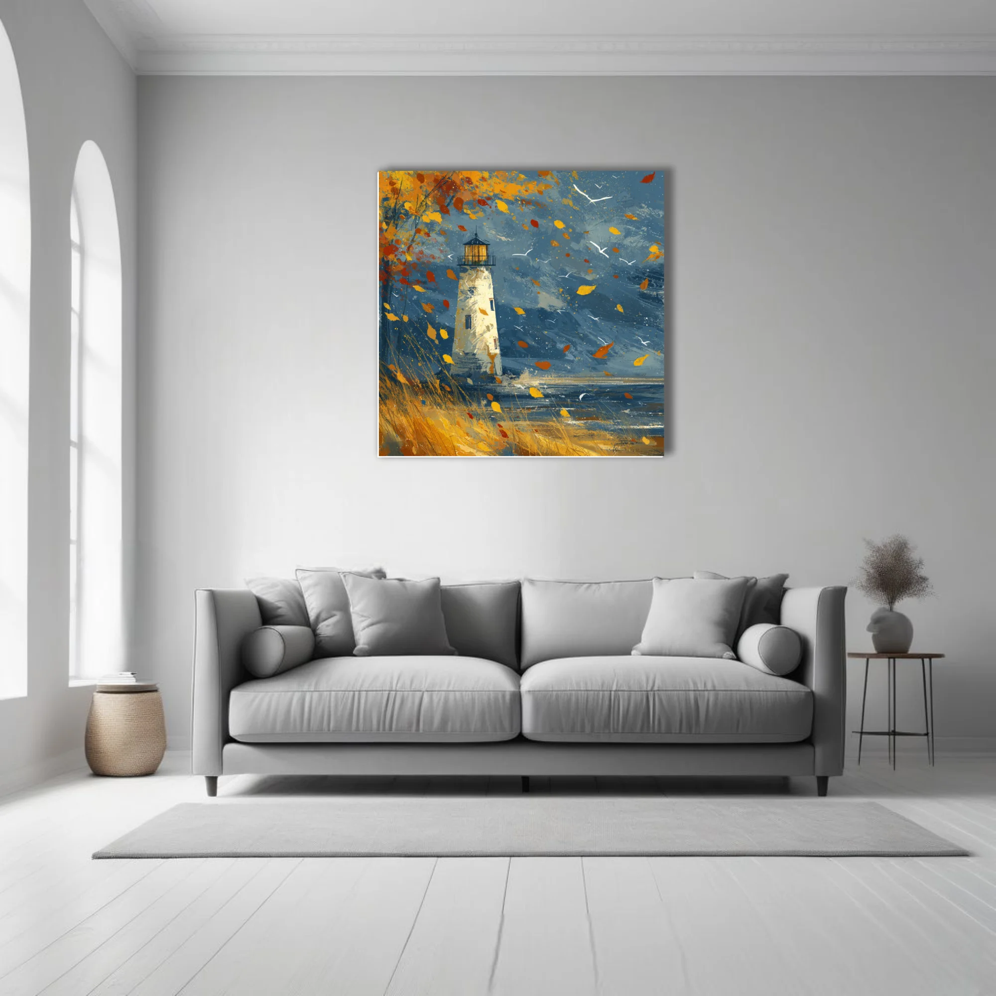 Autumn lighthouse coastal scene in indigo and amber with windblown leaves and seabirds