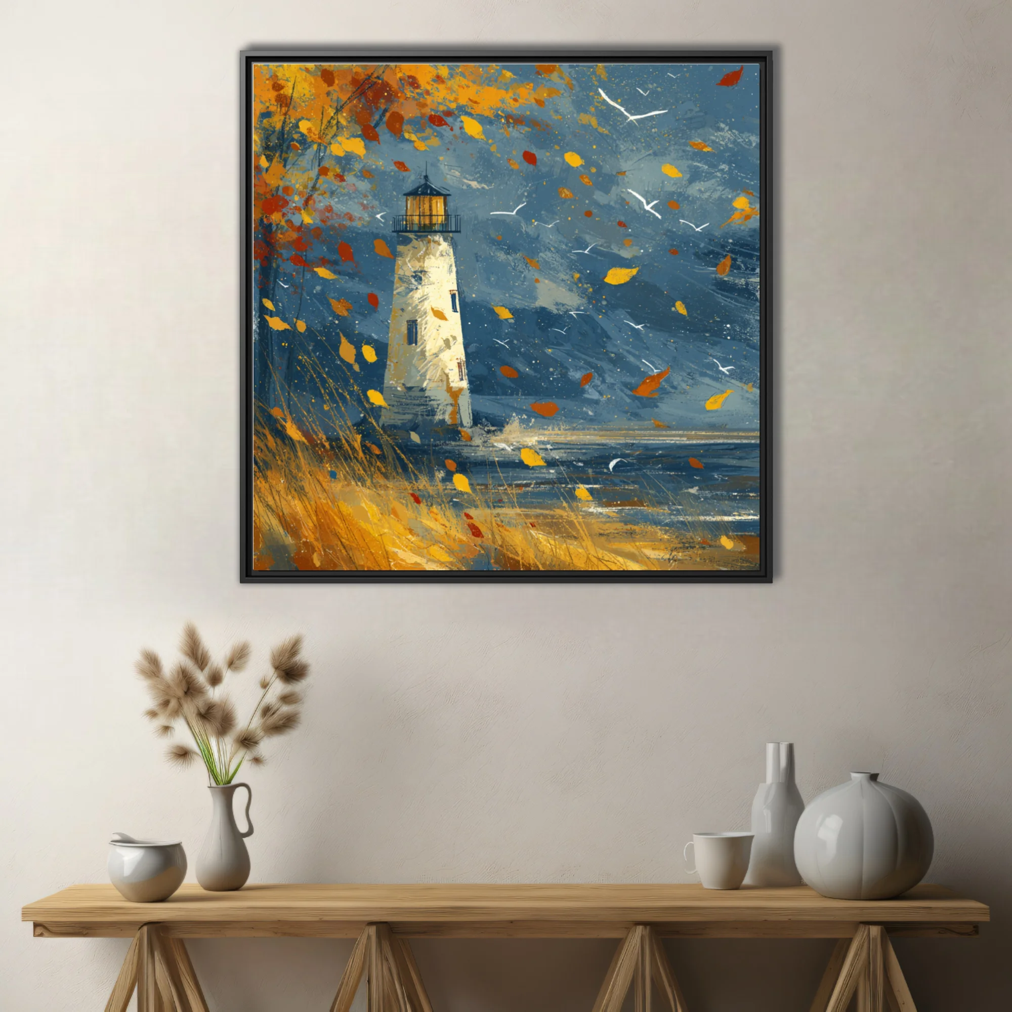 Autumn lighthouse coastal scene in indigo and amber with windblown leaves and seabirds