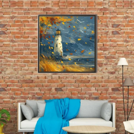Autumn lighthouse coastal scene in indigo and amber with windblown leaves and seabirds
