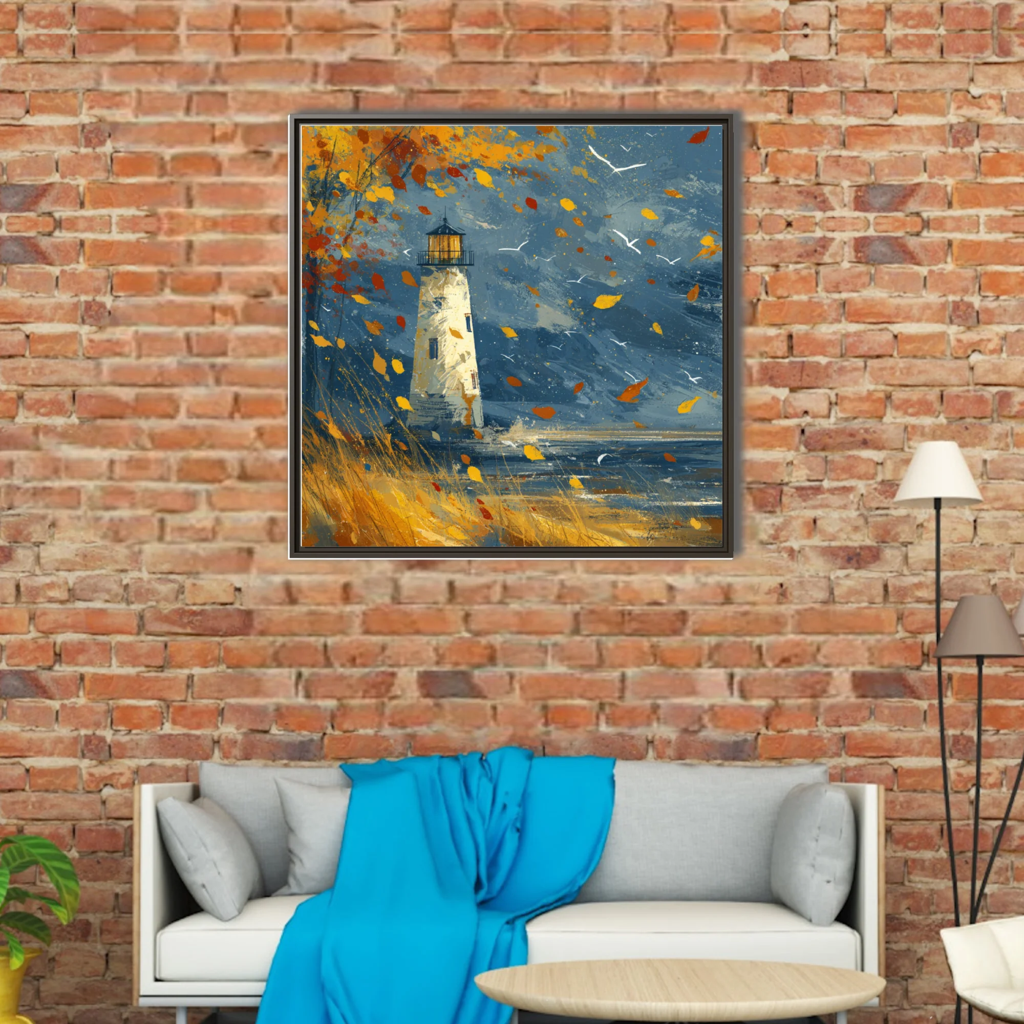 Autumn lighthouse coastal scene in indigo and amber with windblown leaves and seabirds
