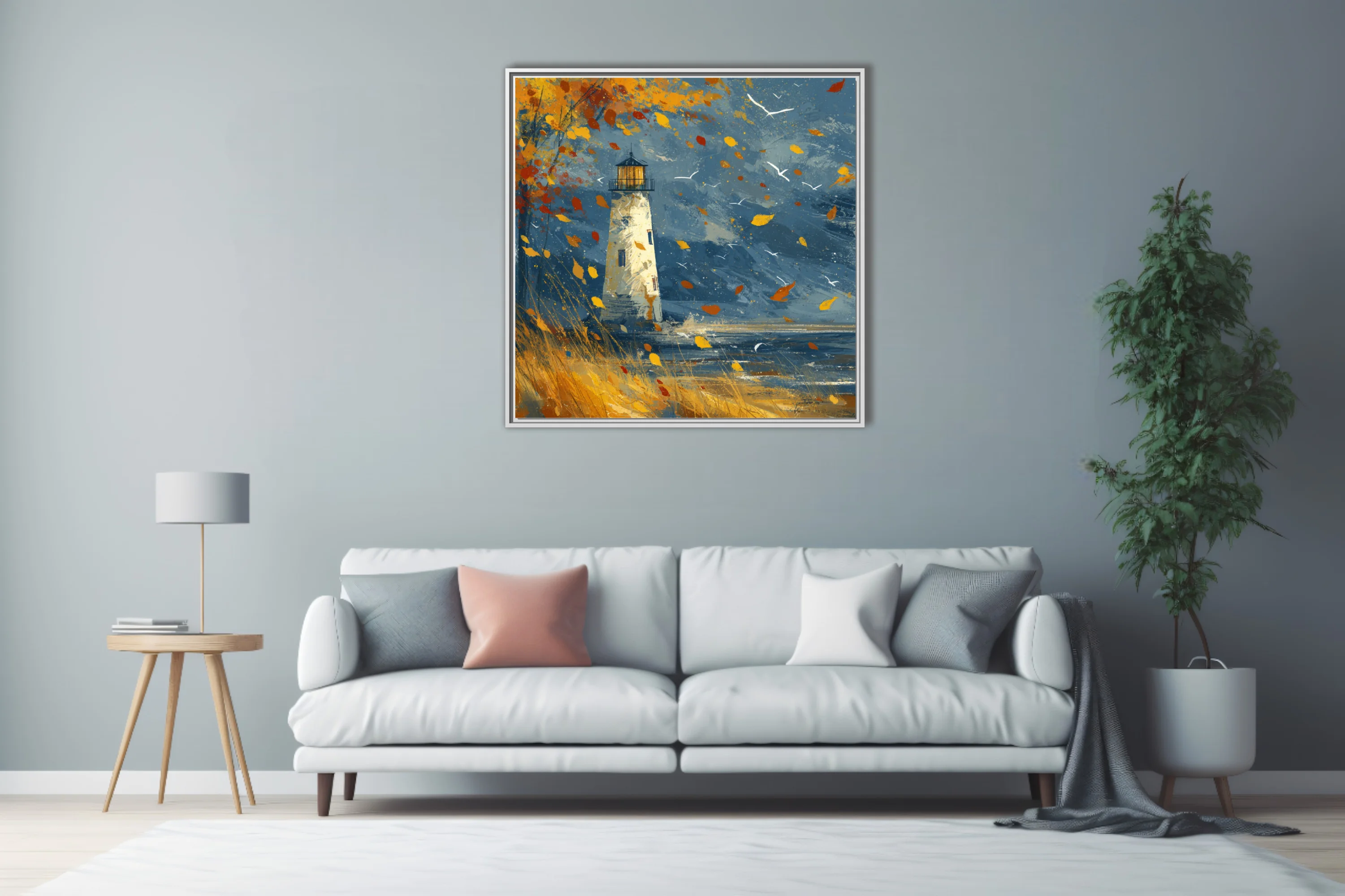 Autumn lighthouse coastal scene in indigo and amber with windblown leaves and seabirds