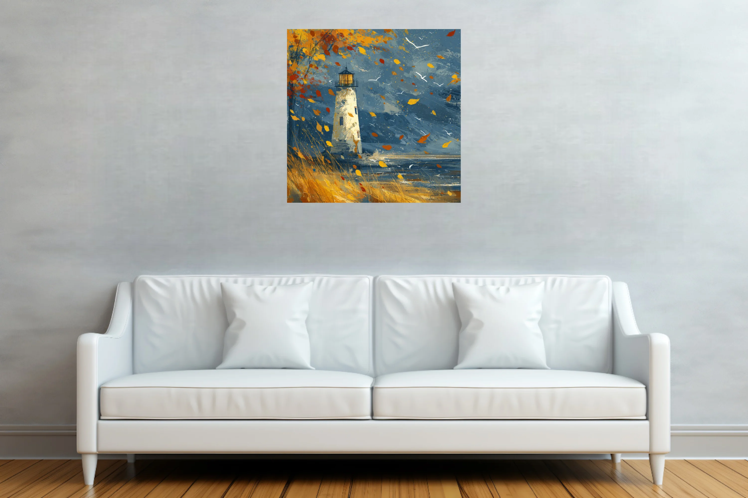 Autumn lighthouse coastal scene in indigo and amber with windblown leaves and seabirds