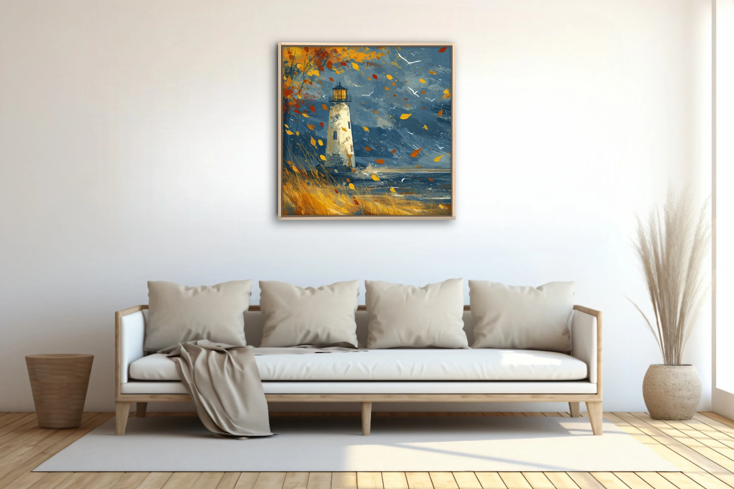 Autumn lighthouse coastal scene in indigo and amber with windblown leaves and seabirds
