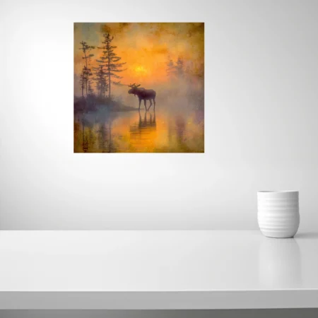 Moose silhouette wading in misty water at sunset, amber and violet watercolor-style wildlife scene