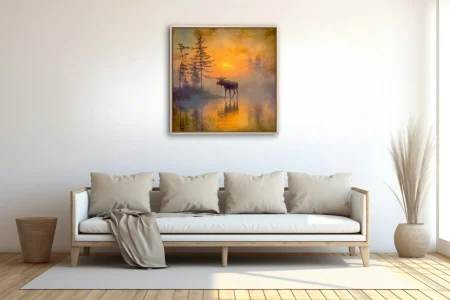 Moose silhouette wading in misty water at sunset, amber and violet watercolor-style wildlife scene