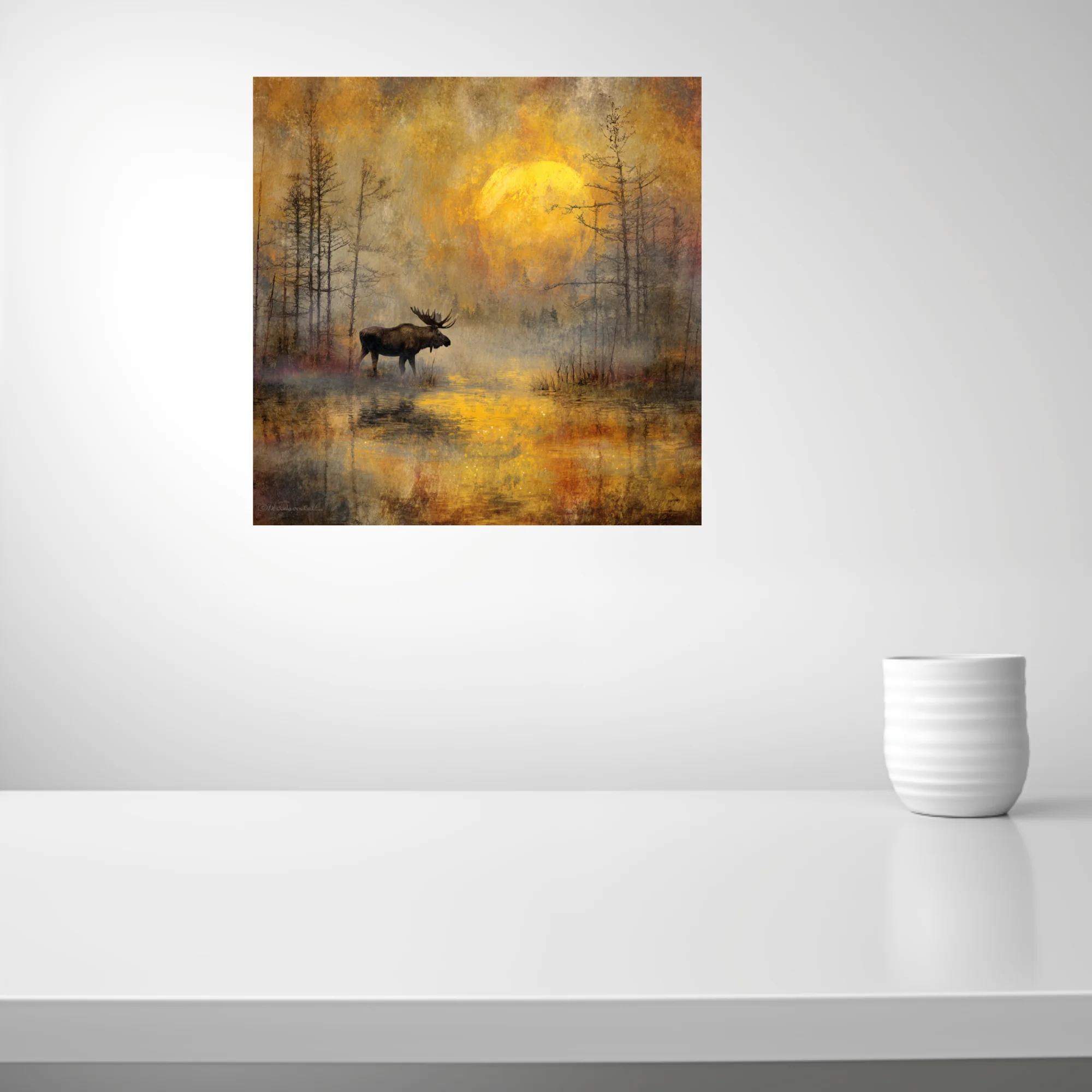 Painterly moose in misty marsh at sunrise, golden ochre and charcoal autumn wildlife scene