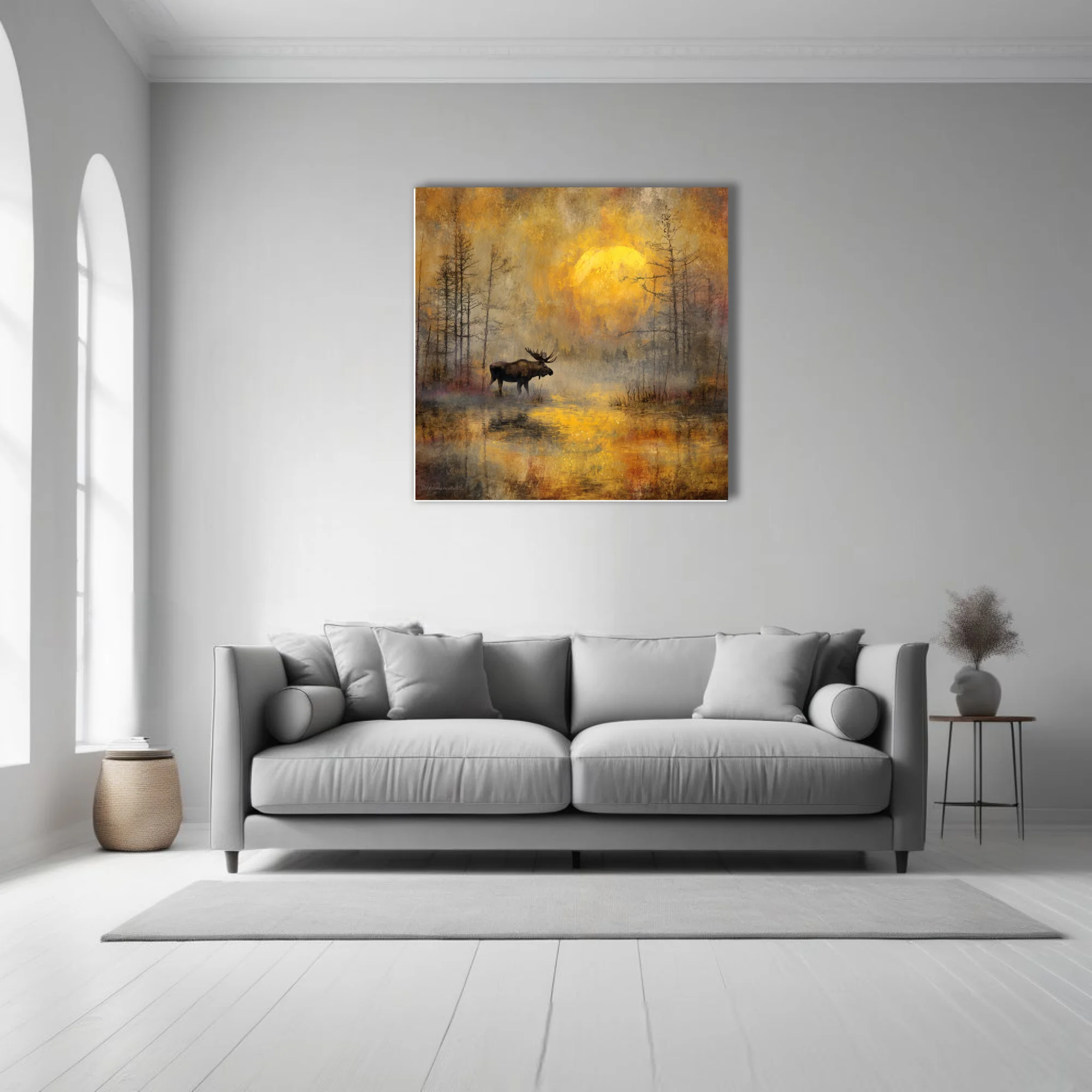 Painterly moose in misty marsh at sunrise, golden ochre and charcoal autumn wildlife scene