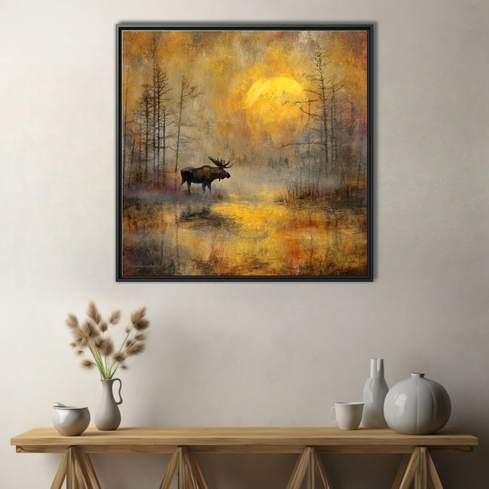 Painterly moose in misty marsh at sunrise, golden ochre and charcoal autumn wildlife scene