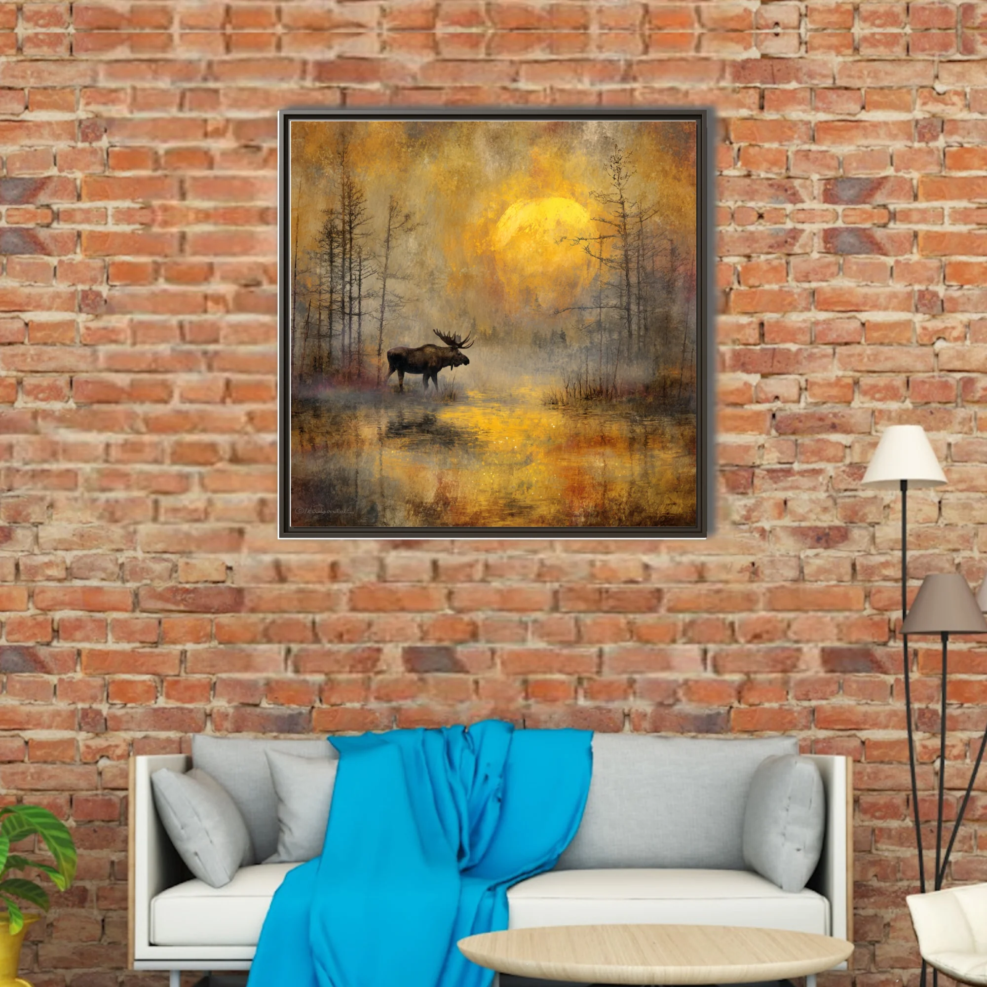 Painterly moose in misty marsh at sunrise, golden ochre and charcoal autumn wildlife scene