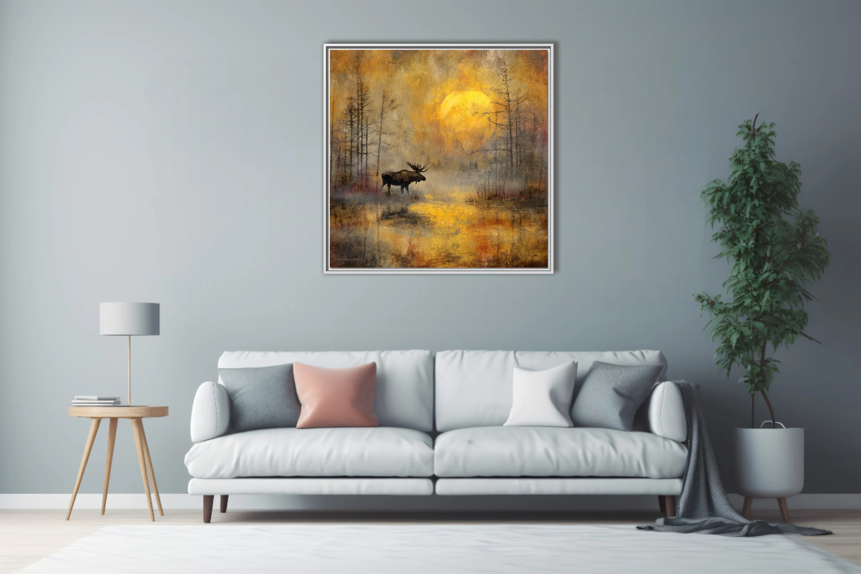 Painterly moose in misty marsh at sunrise, golden ochre and charcoal autumn wildlife scene