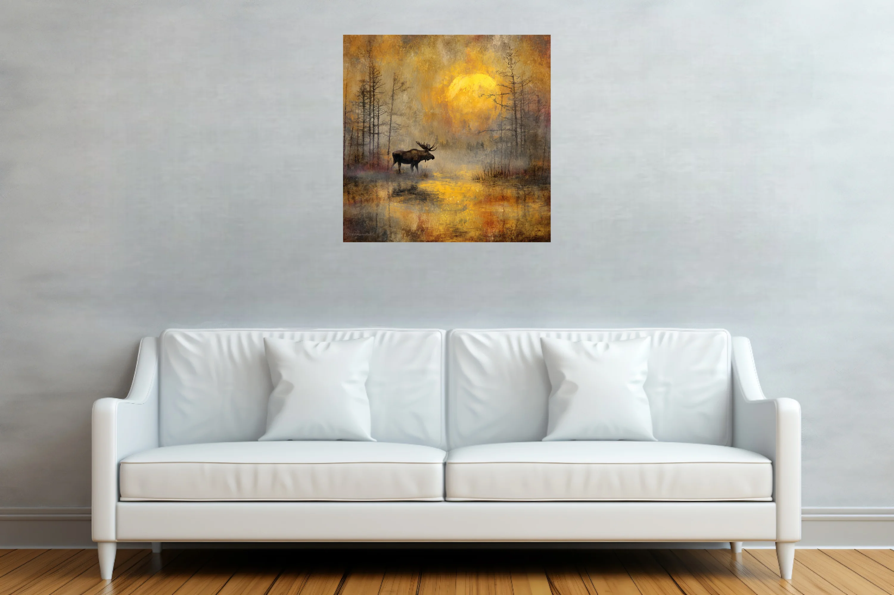 Painterly moose in misty marsh at sunrise, golden ochre and charcoal autumn wildlife scene