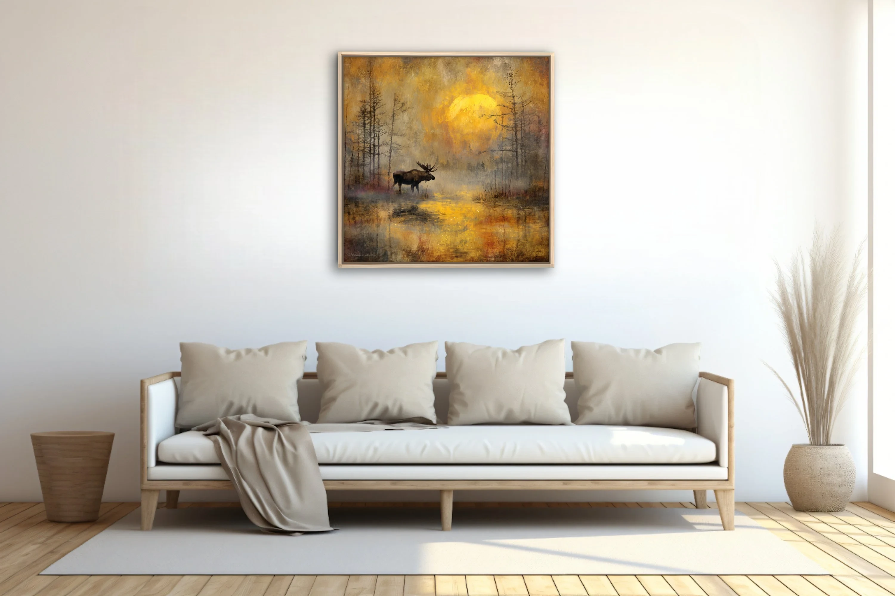 Painterly moose in misty marsh at sunrise, golden ochre and charcoal autumn wildlife scene