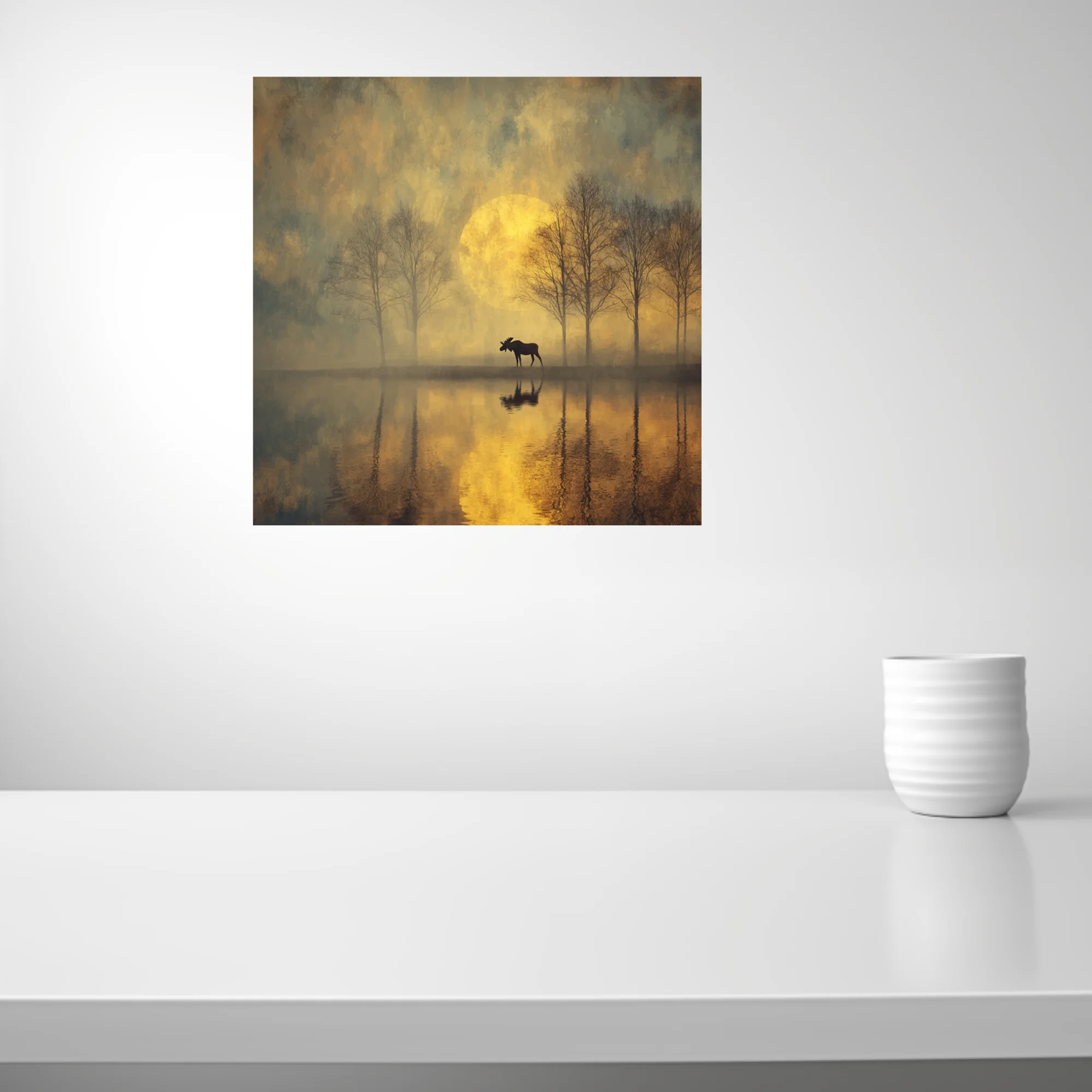 Atmospheric moose silhouette at misty lake with golden moon, dreamy painterly wildlife landscape