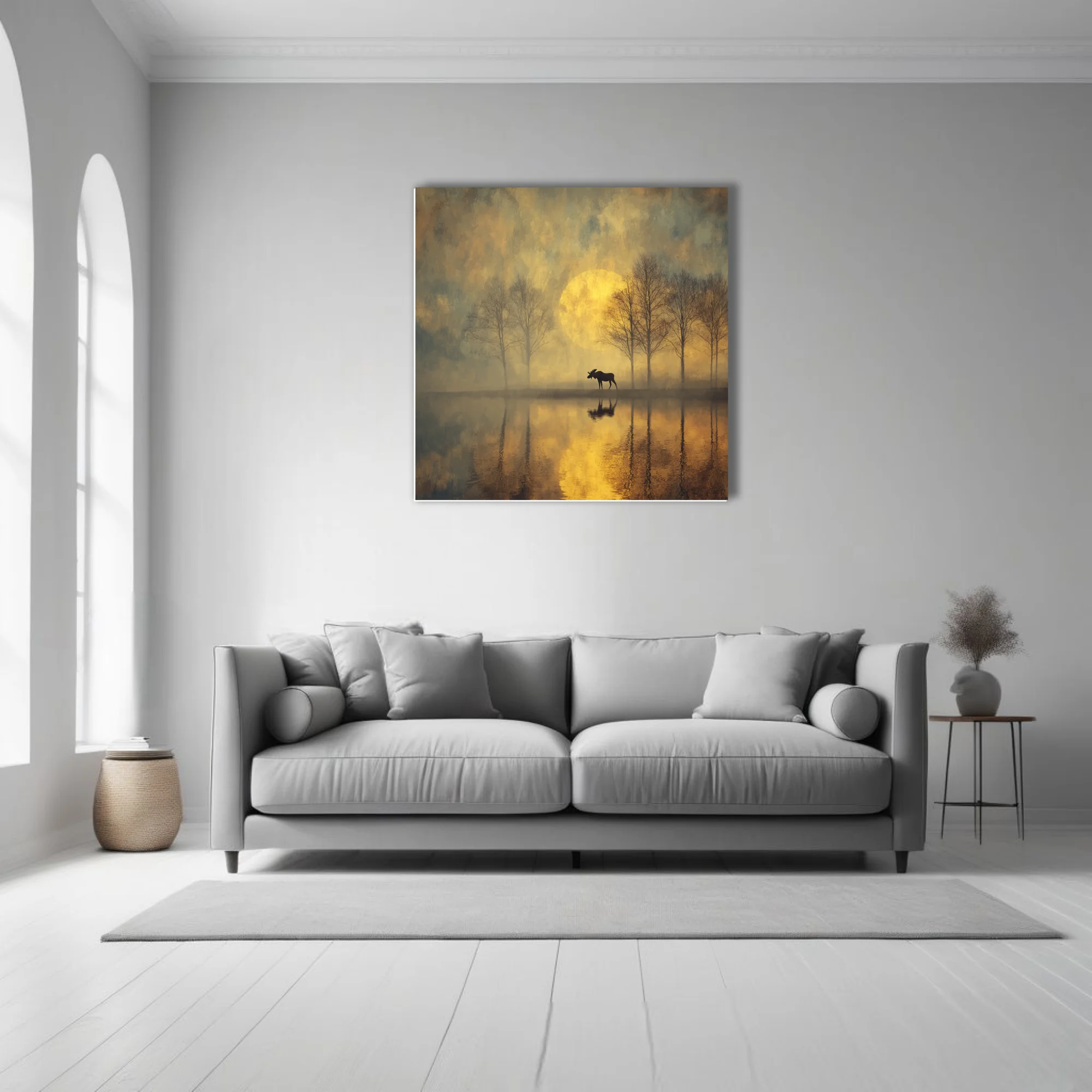 Atmospheric moose silhouette at misty lake with golden moon, dreamy painterly wildlife landscape