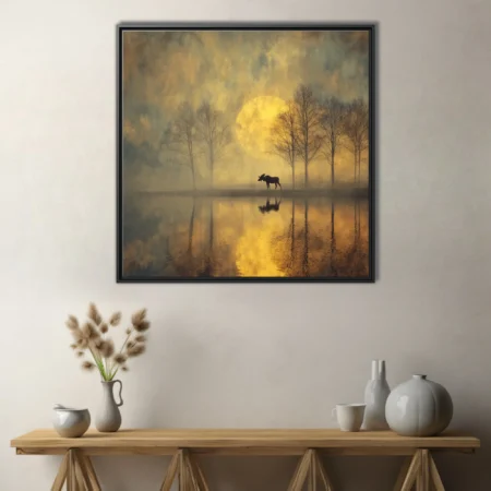 Atmospheric moose silhouette at misty lake with golden moon, dreamy painterly wildlife landscape