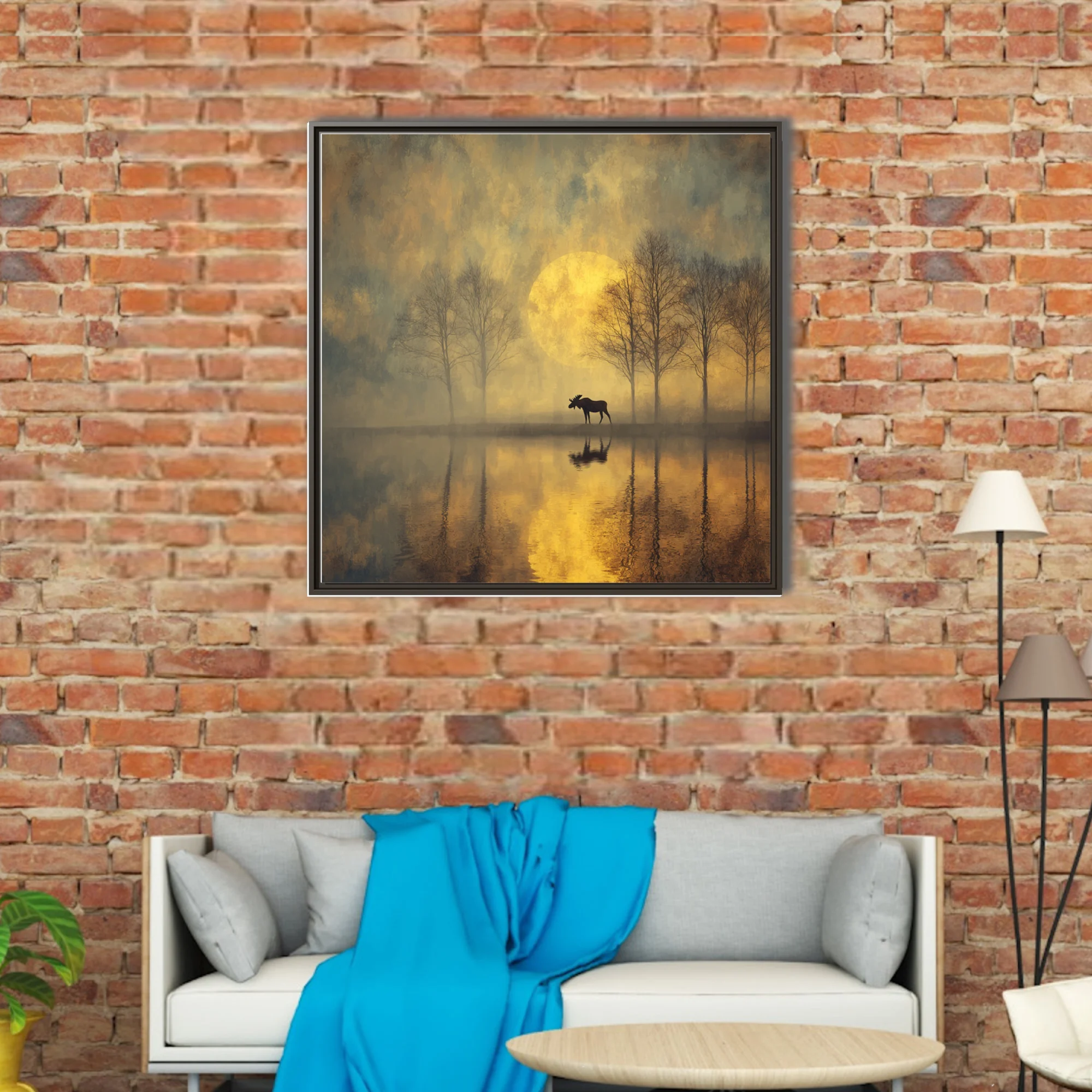 Atmospheric moose silhouette at misty lake with golden moon, dreamy painterly wildlife landscape