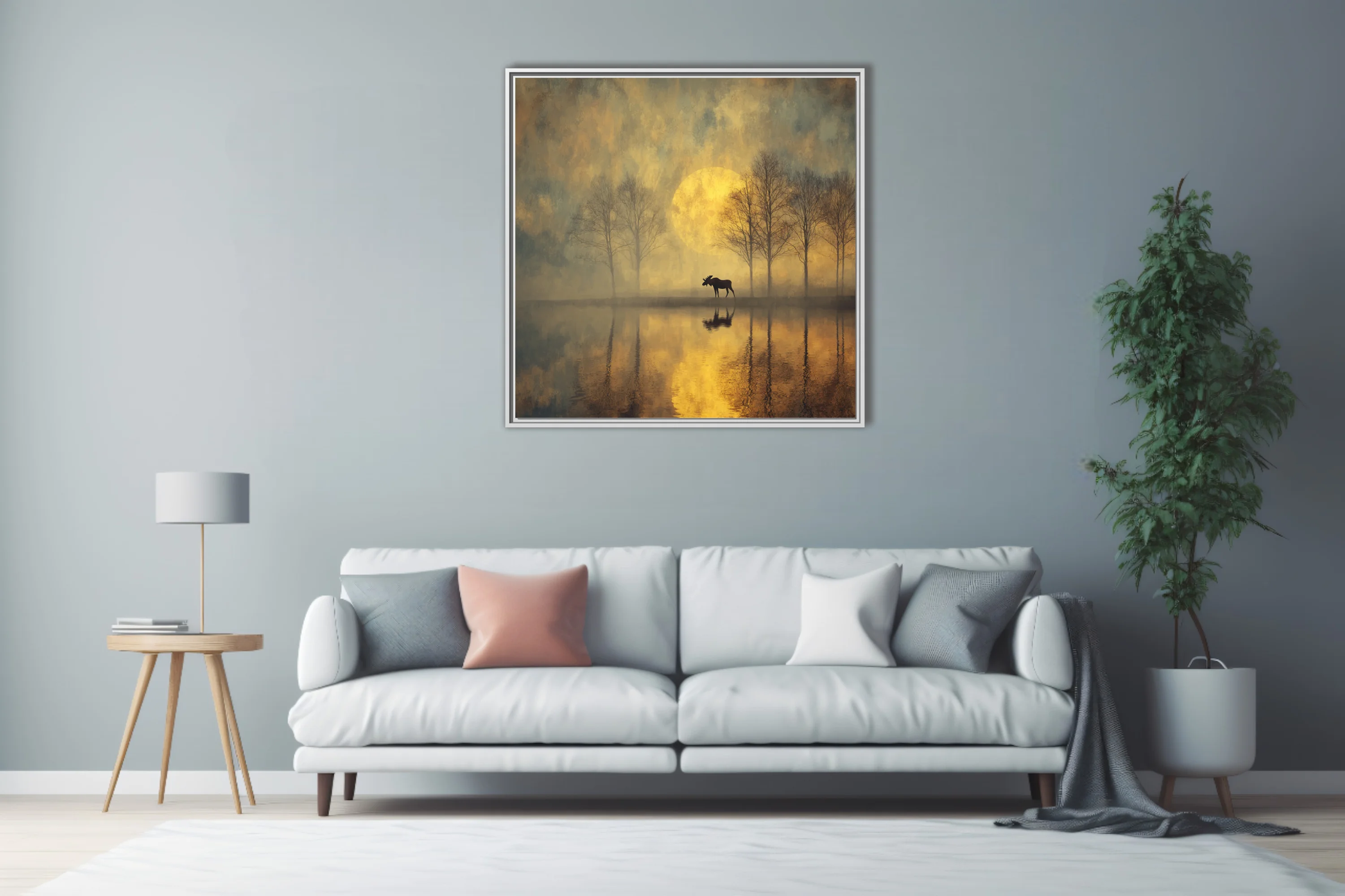 Atmospheric moose silhouette at misty lake with golden moon, dreamy painterly wildlife landscape