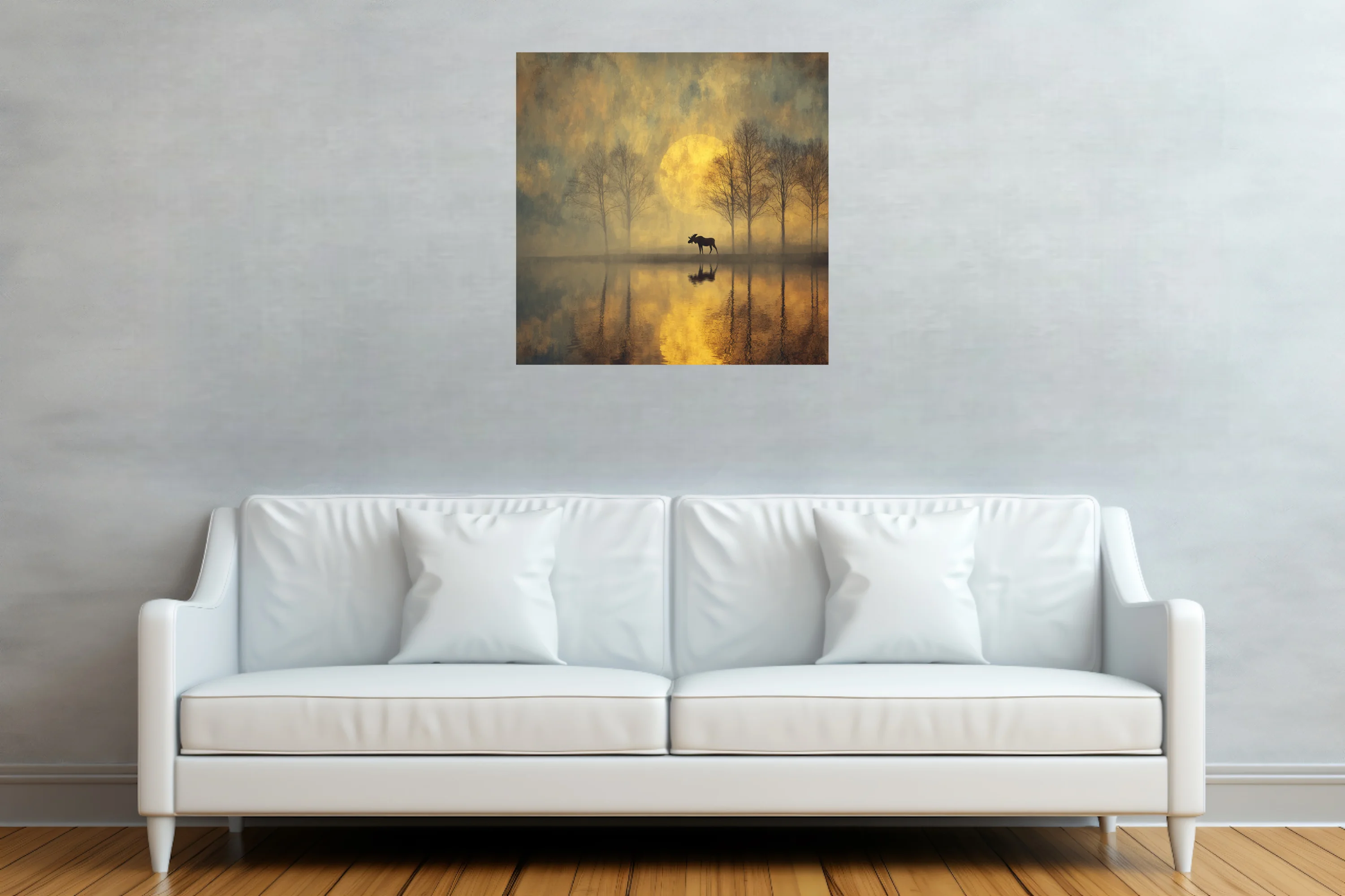 Atmospheric moose silhouette at misty lake with golden moon, dreamy painterly wildlife landscape