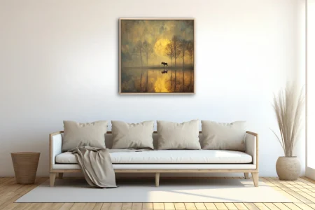 Atmospheric moose silhouette at misty lake with golden moon, dreamy painterly wildlife landscape