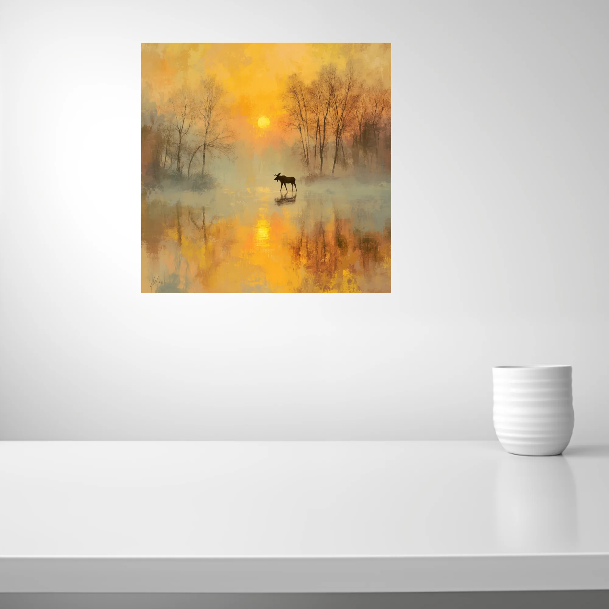 Moose silhouette in misty golden autumn sunrise, painterly soft-focus wildlife landscape art