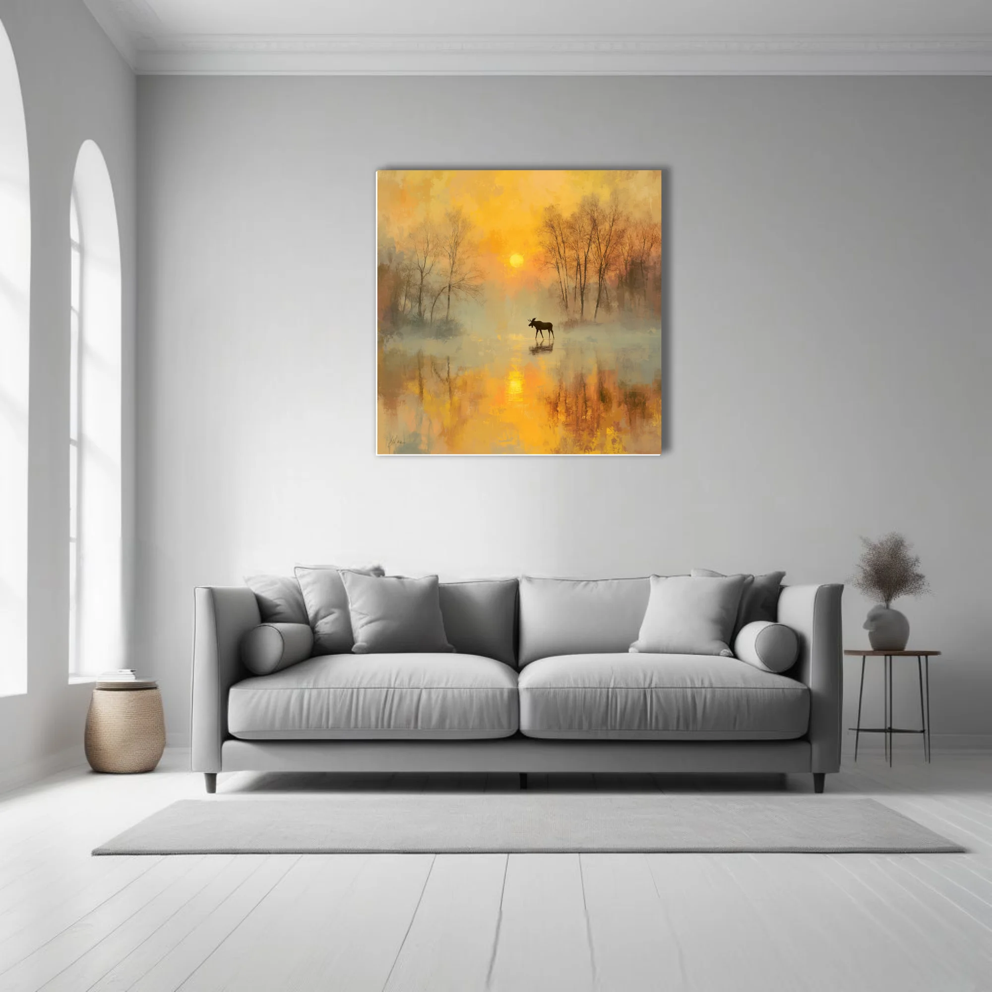 Moose silhouette in misty golden autumn sunrise, painterly soft-focus wildlife landscape art