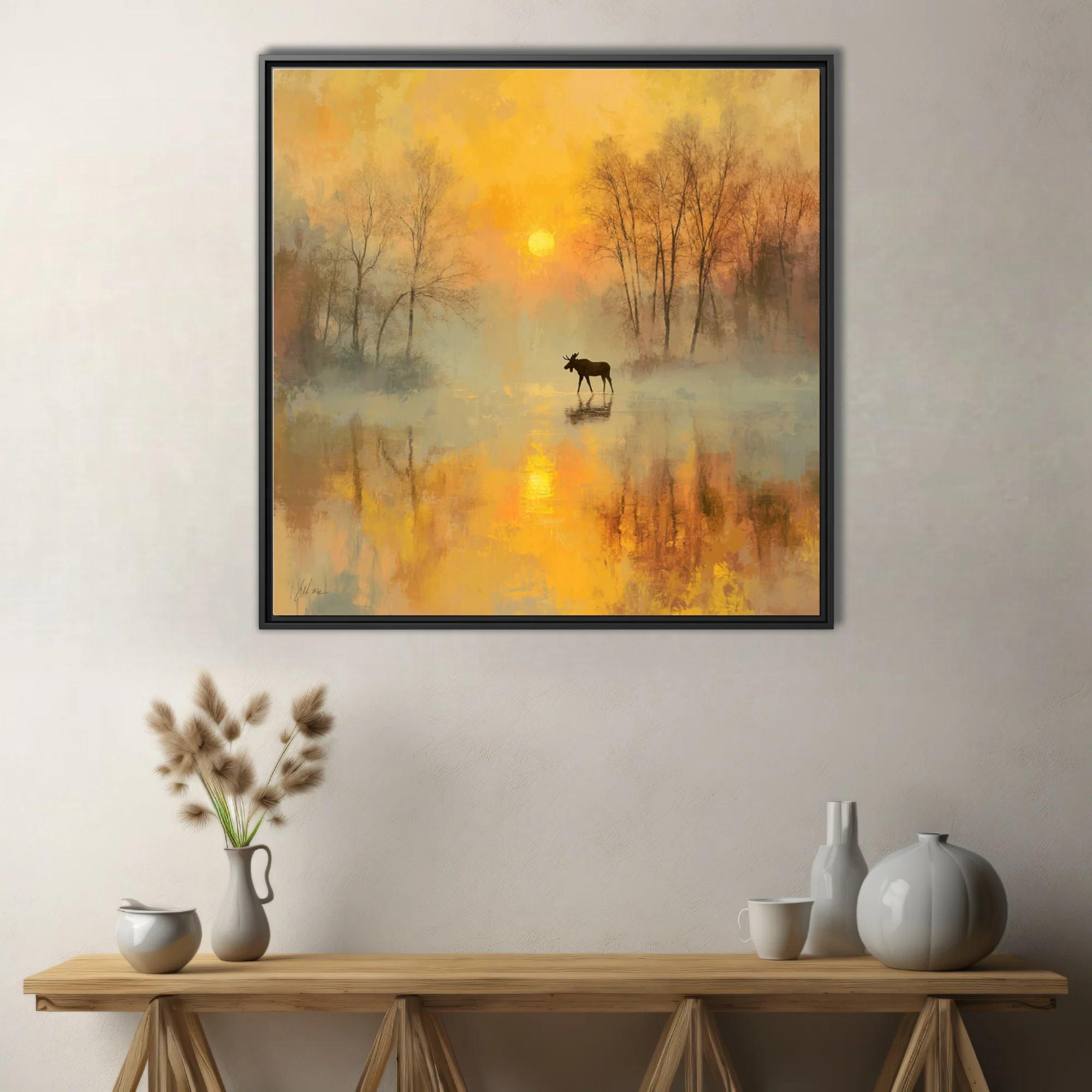 Moose silhouette in misty golden autumn sunrise, painterly soft-focus wildlife landscape art