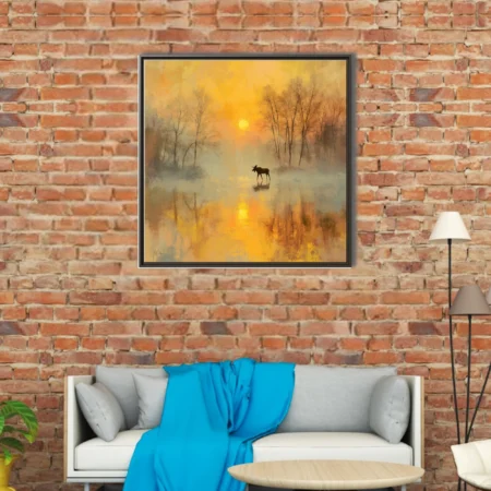 Moose silhouette in misty golden autumn sunrise, painterly soft-focus wildlife landscape art