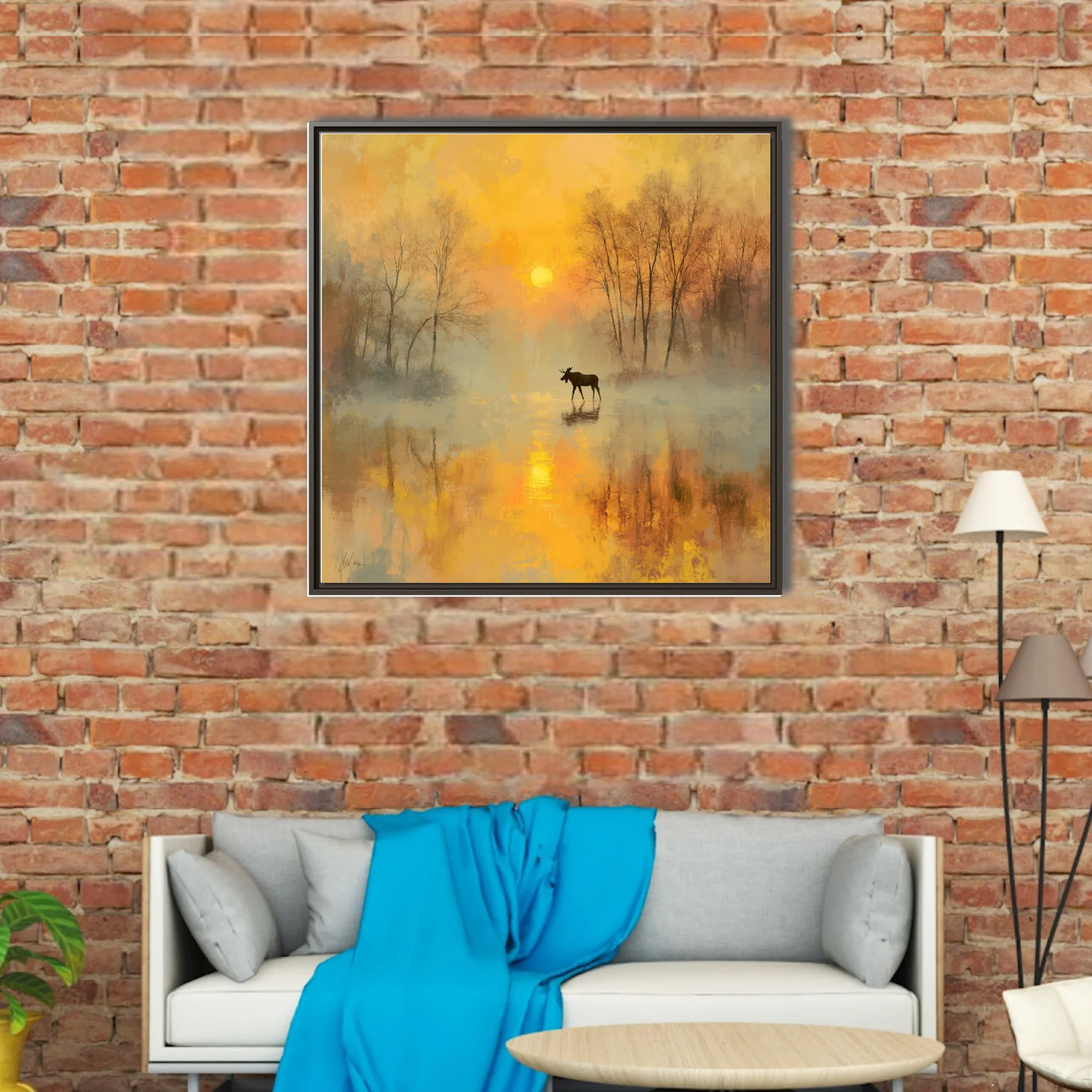 Moose silhouette in misty golden autumn sunrise, painterly soft-focus wildlife landscape art