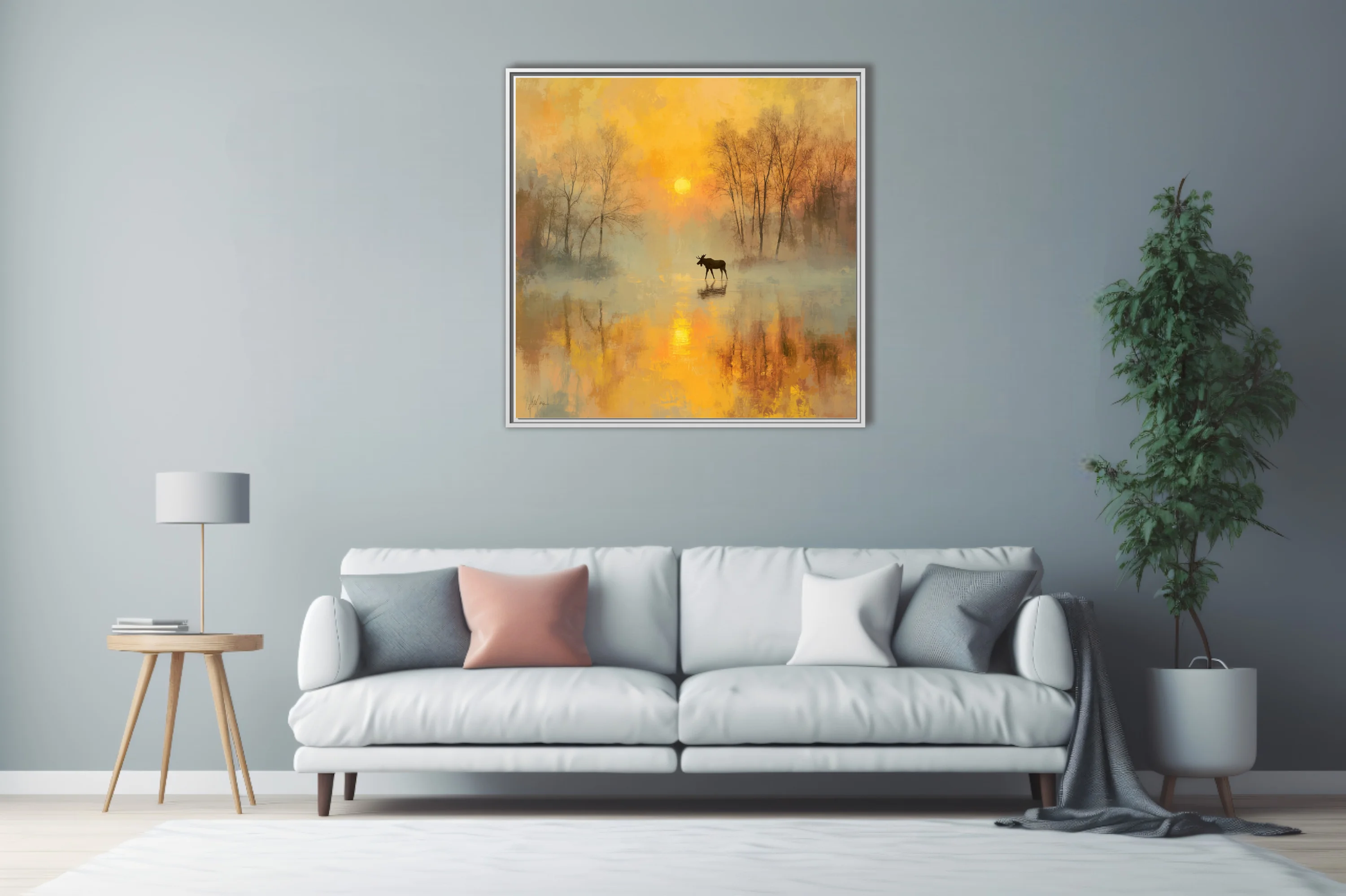 Moose silhouette in misty golden autumn sunrise, painterly soft-focus wildlife landscape art