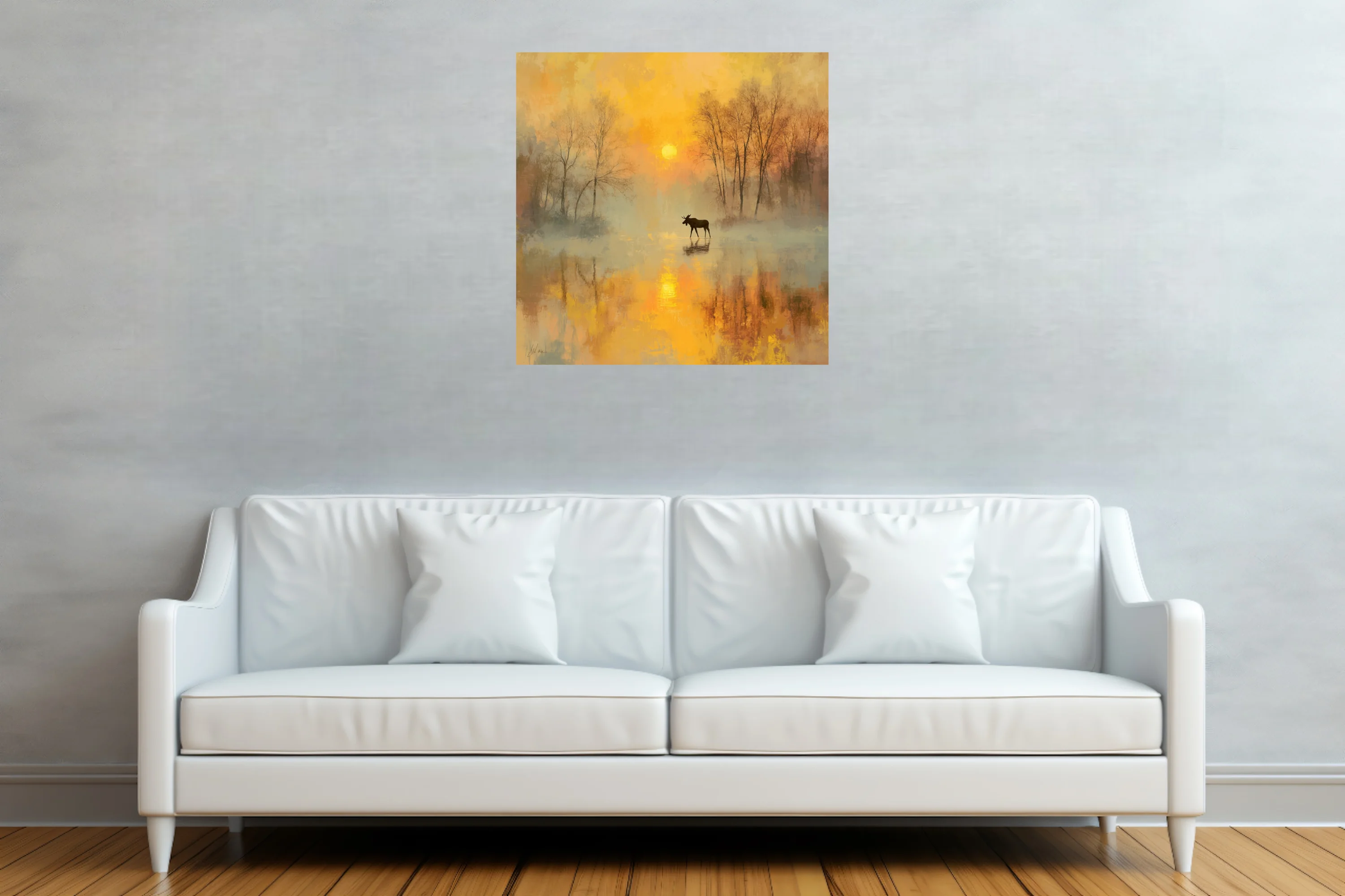 Moose silhouette in misty golden autumn sunrise, painterly soft-focus wildlife landscape art
