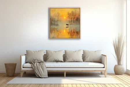Moose silhouette in misty golden autumn sunrise, painterly soft-focus wildlife landscape art