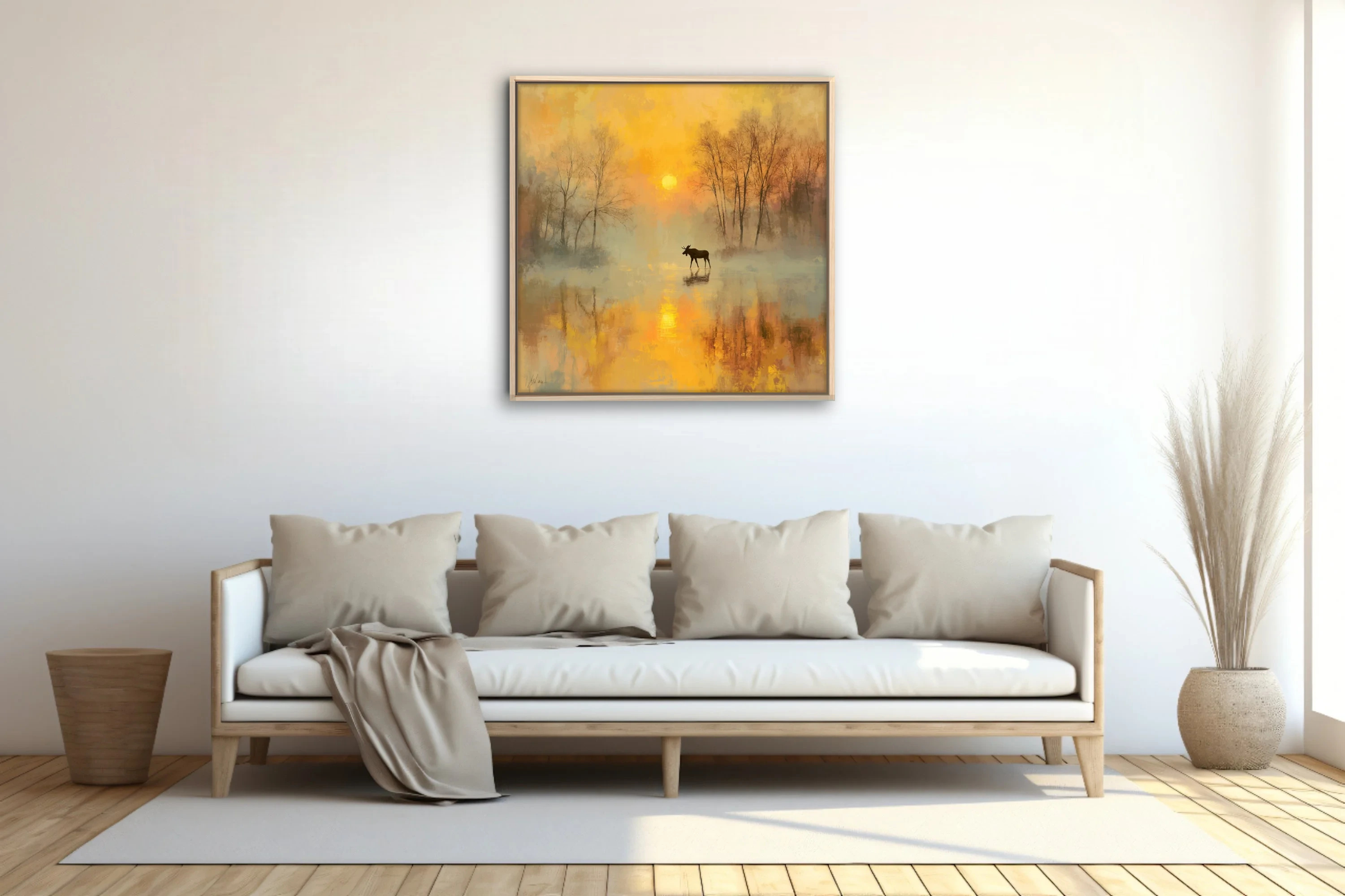 Moose silhouette in misty golden autumn sunrise, painterly soft-focus wildlife landscape art