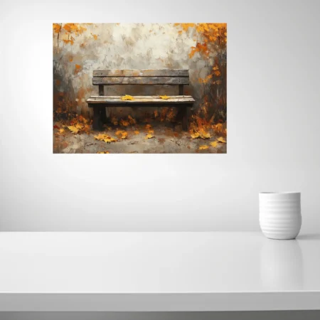 Rustic wooden bench among amber autumn leaves, painterly scene in warm earthy tones