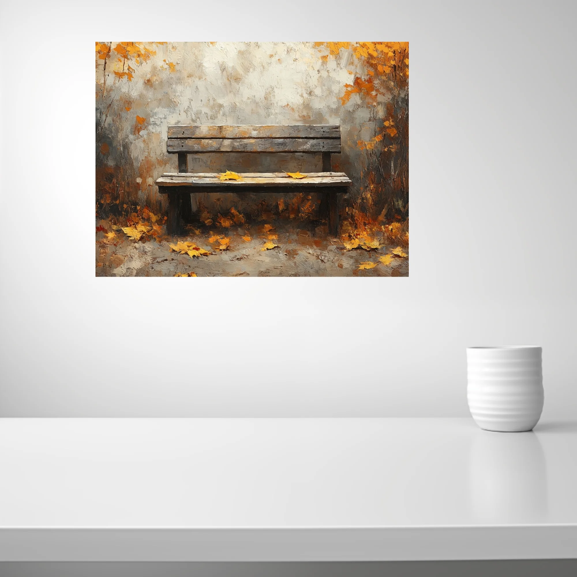 Rustic wooden bench among amber autumn leaves, painterly scene in warm earthy tones